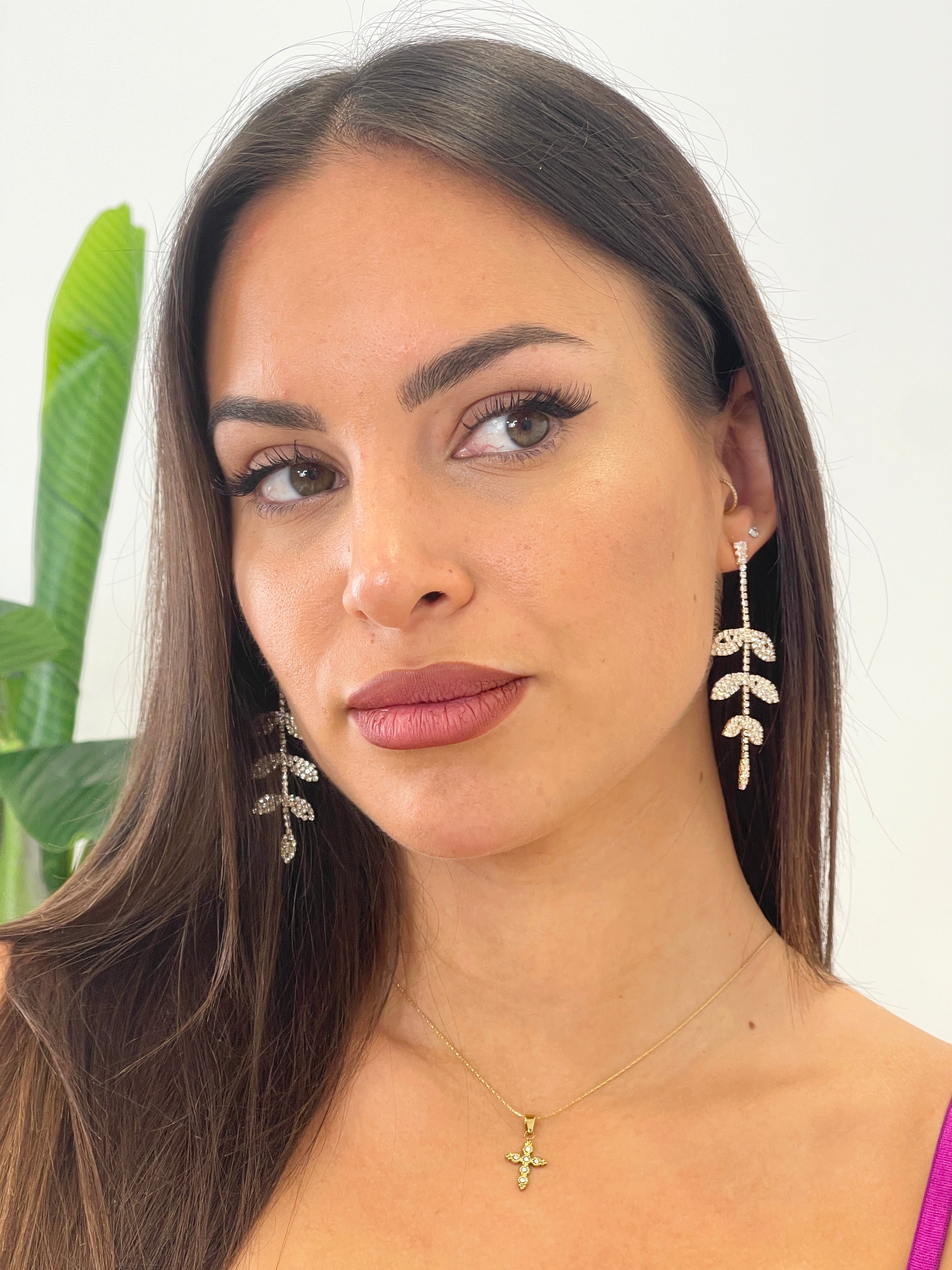 Rhinestone leaf earrings