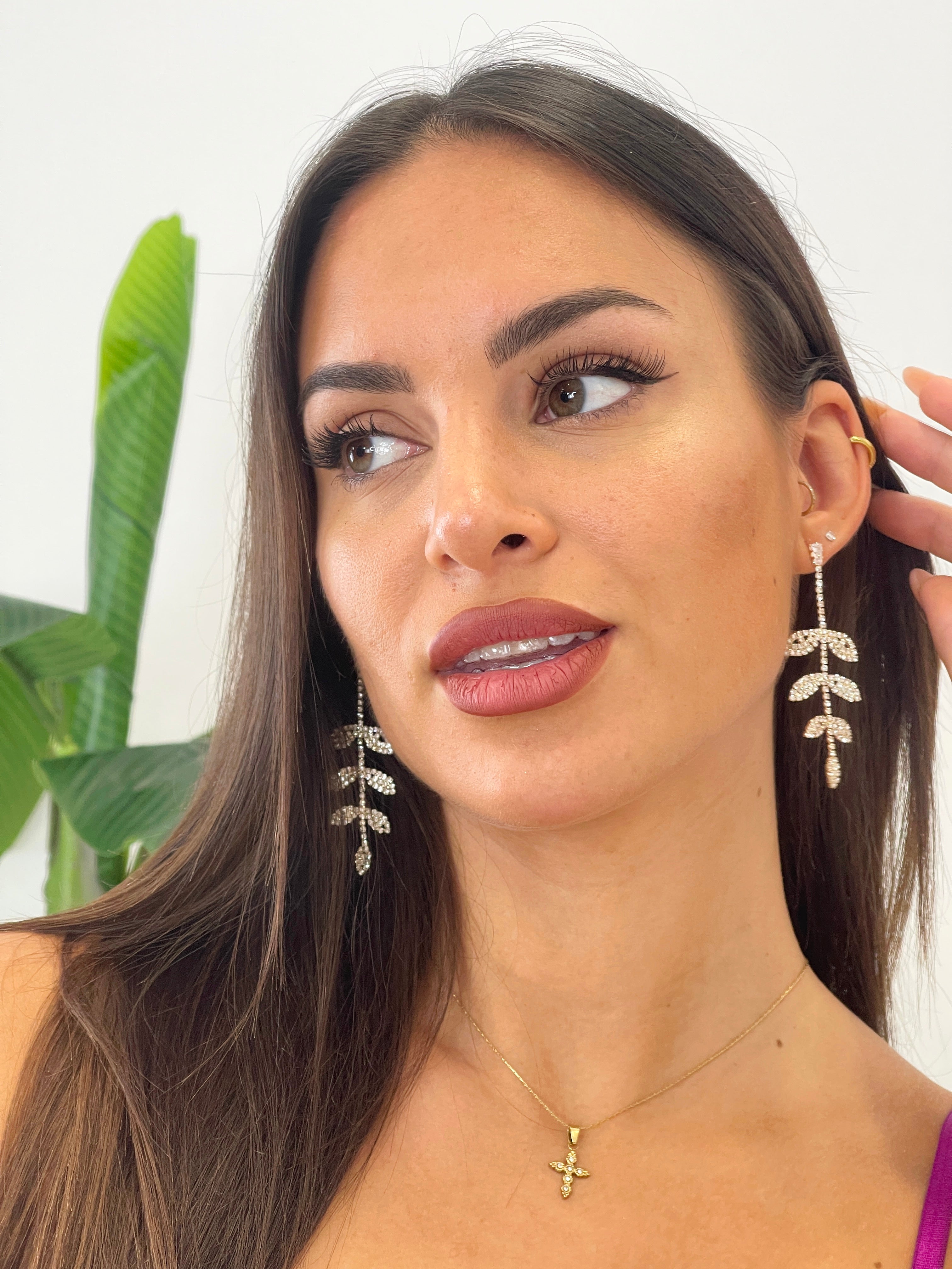 Rhinestone leaf earrings