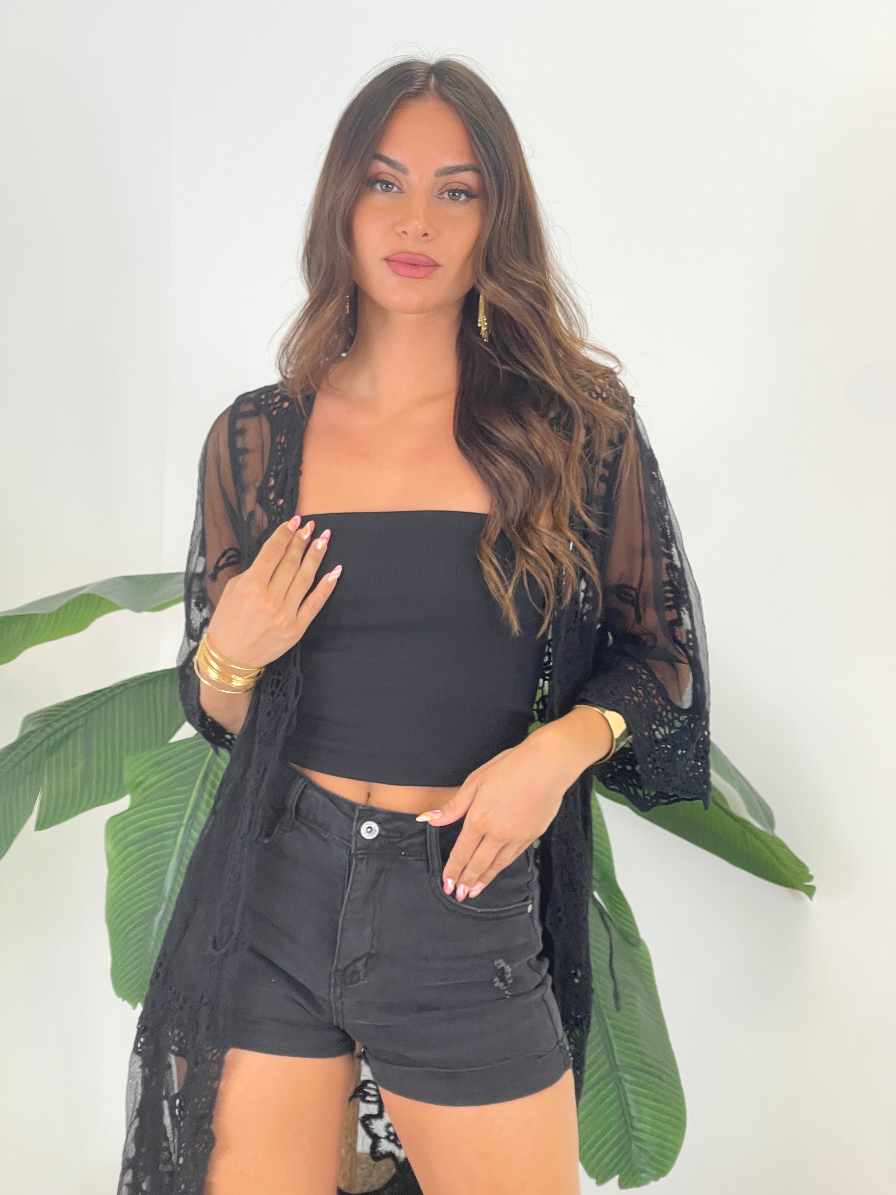 Long embroidered openwork kimono