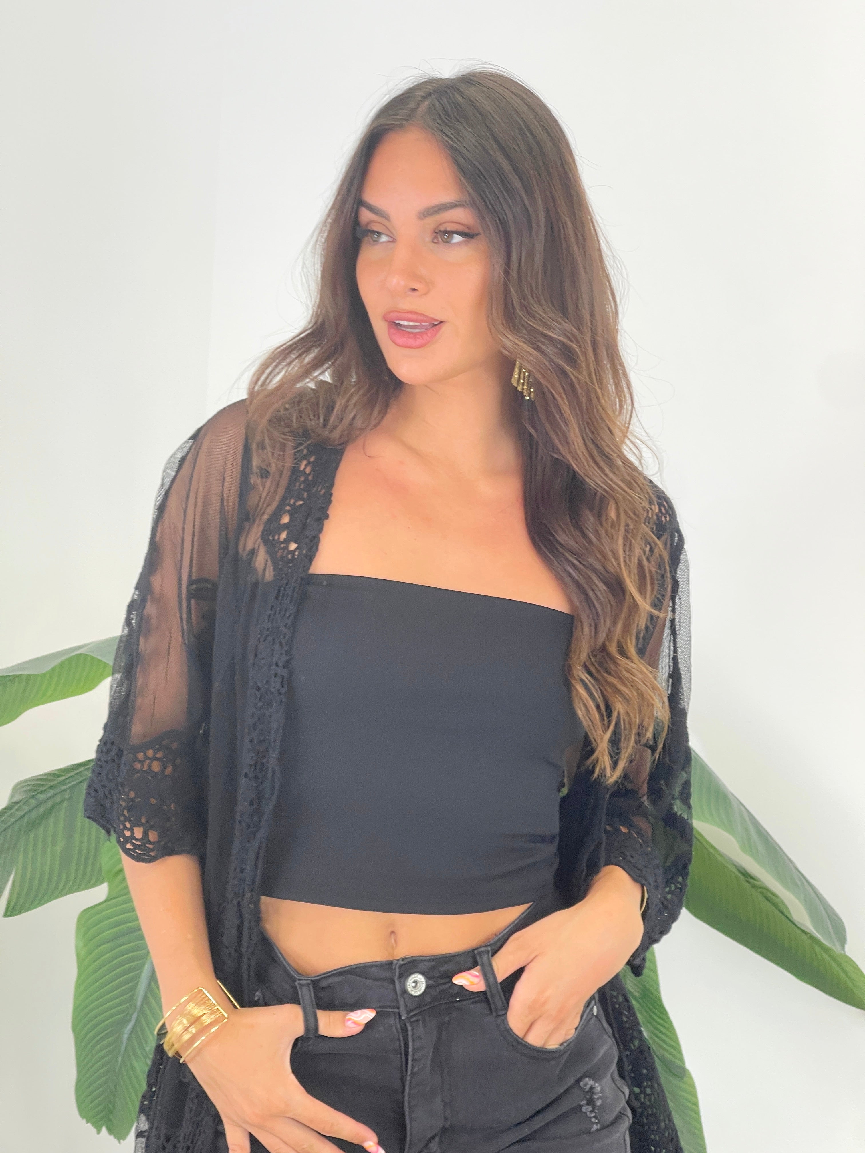 Long embroidered openwork kimono