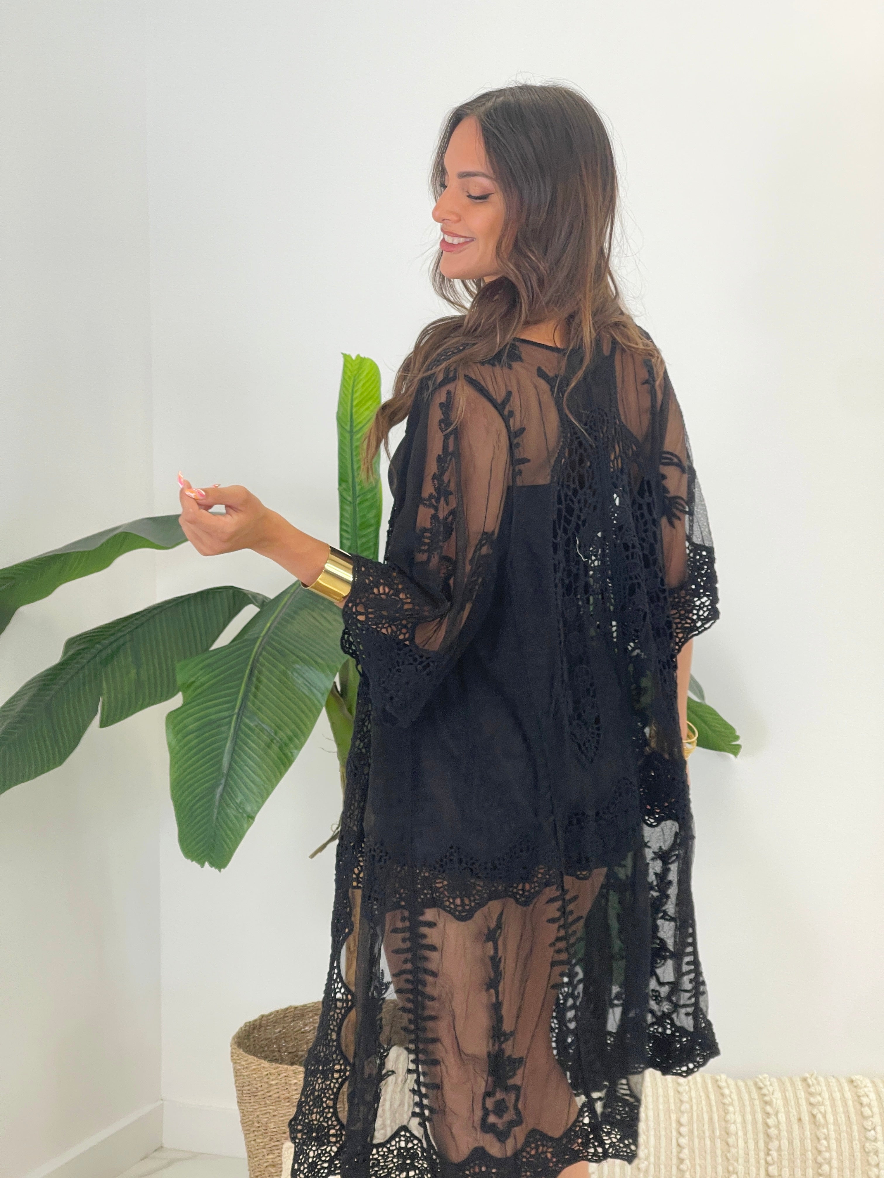 Long embroidered openwork kimono