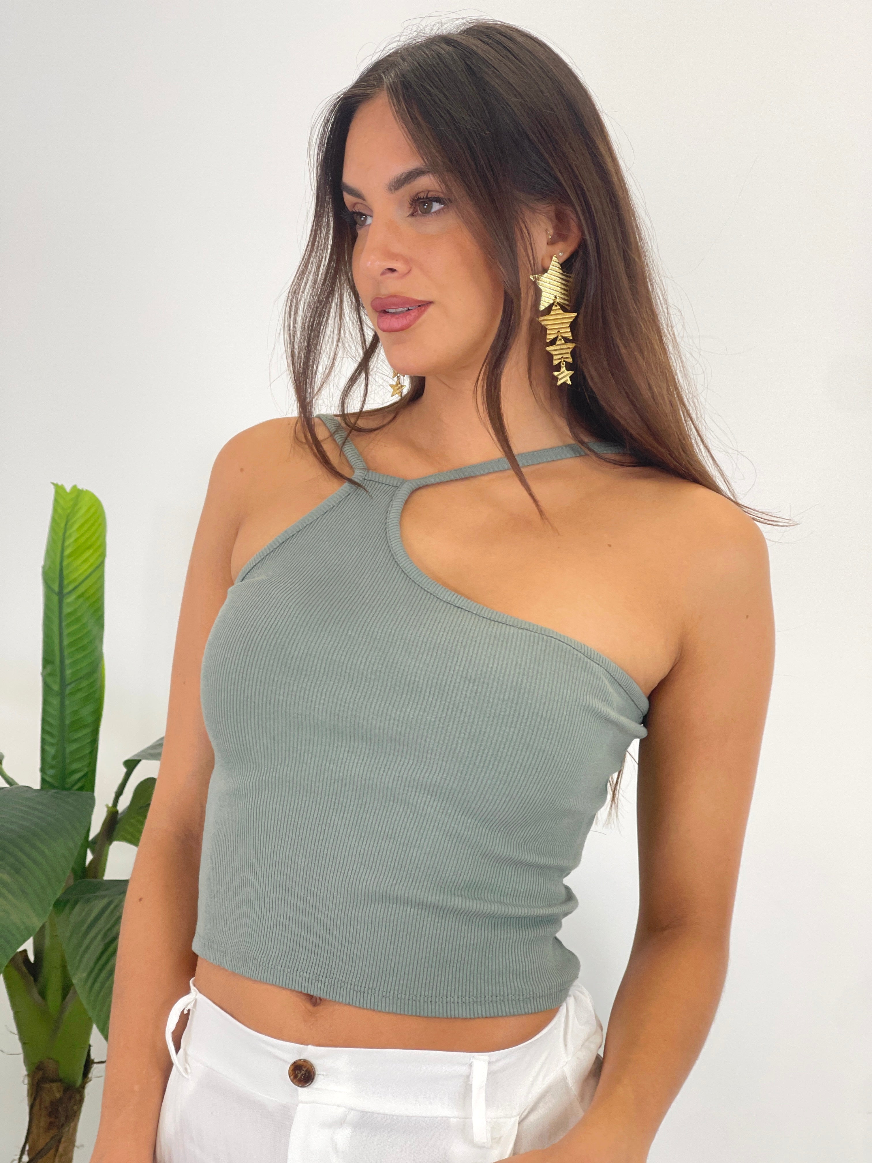 Asymmetrical ribbed strap top