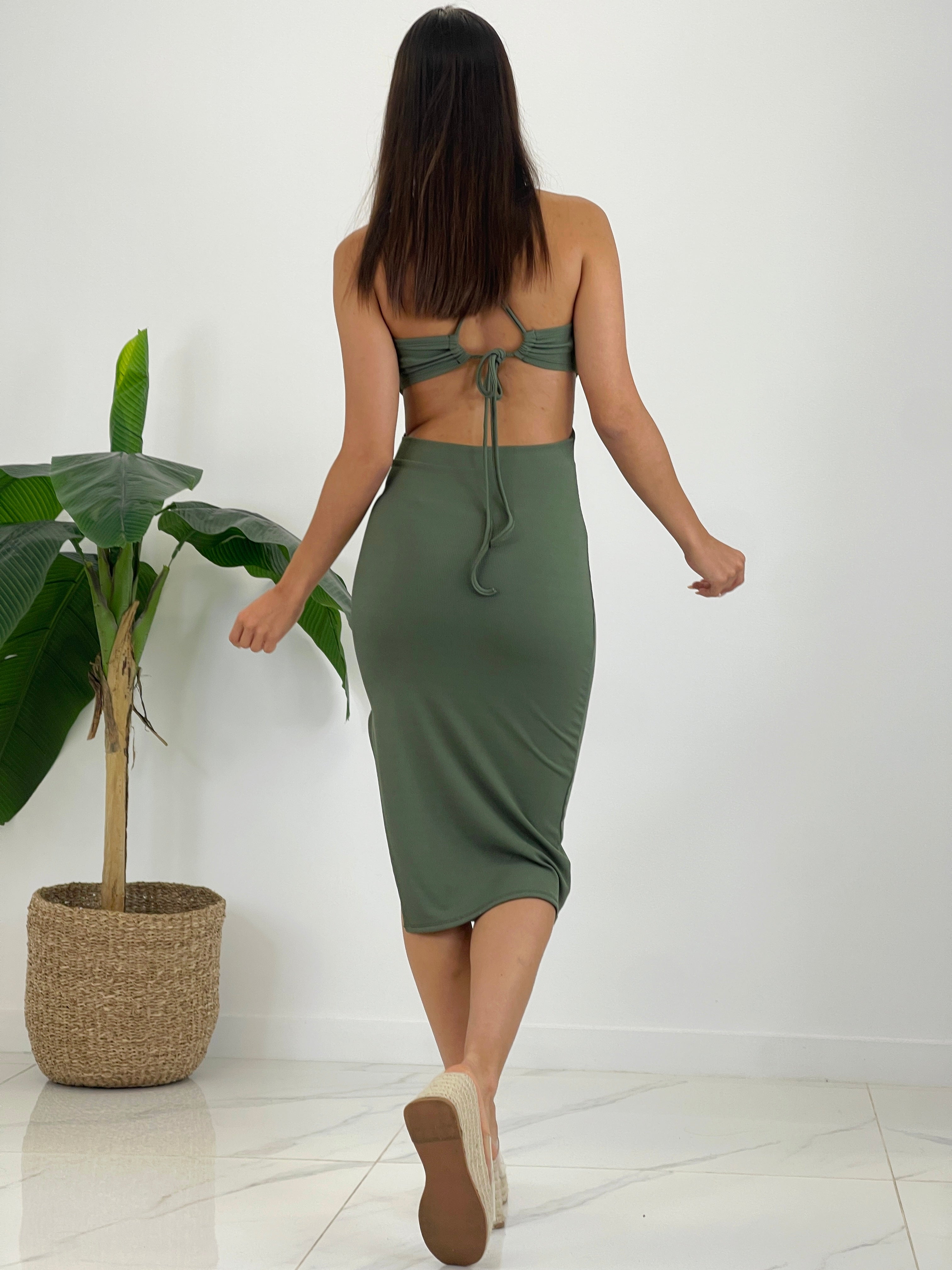 Ribbed halter lace up midi dress