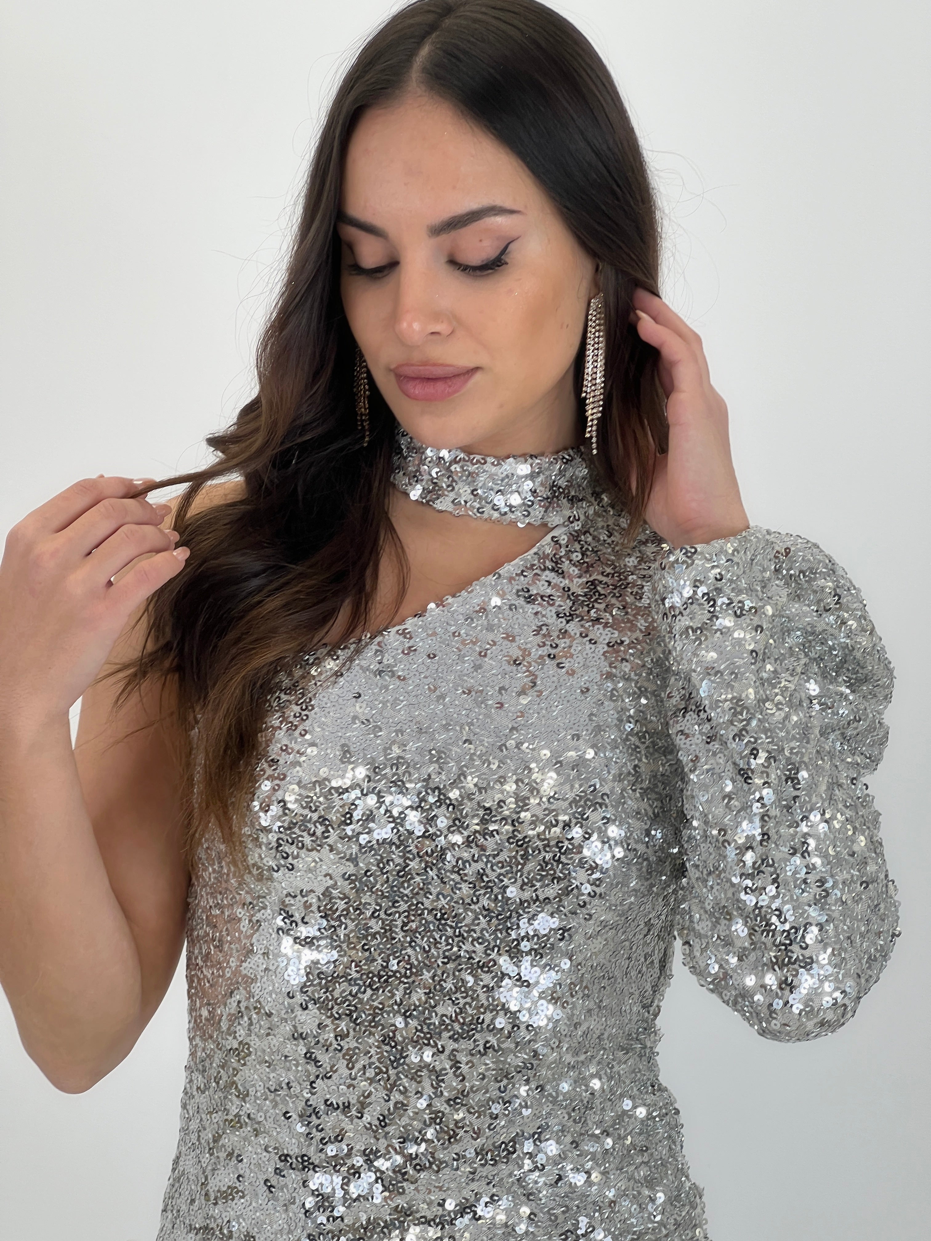 Asymmetrical sequin choker dress