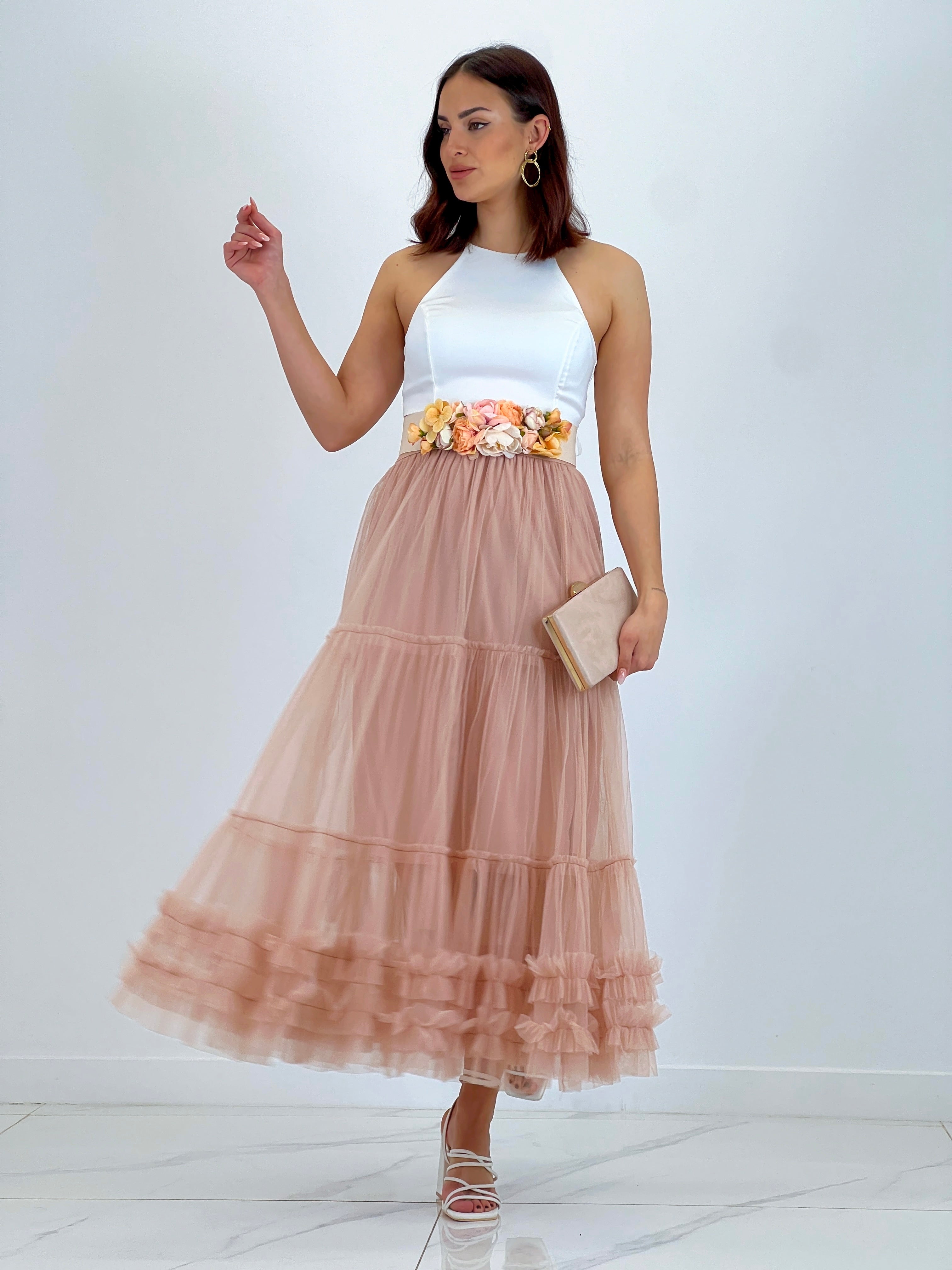 Falda de tul larga acabado rizado