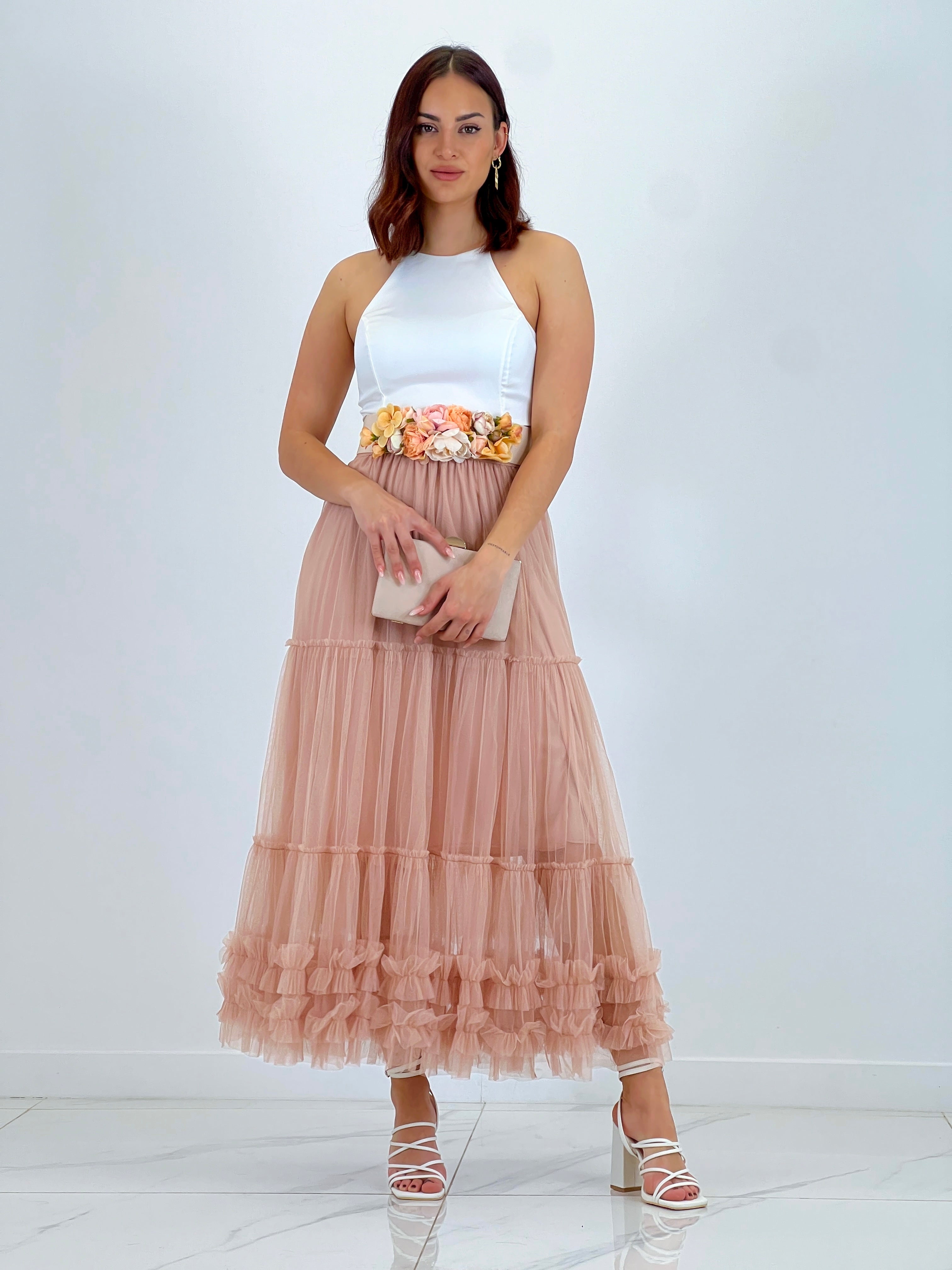 Falda de tul larga acabado rizado