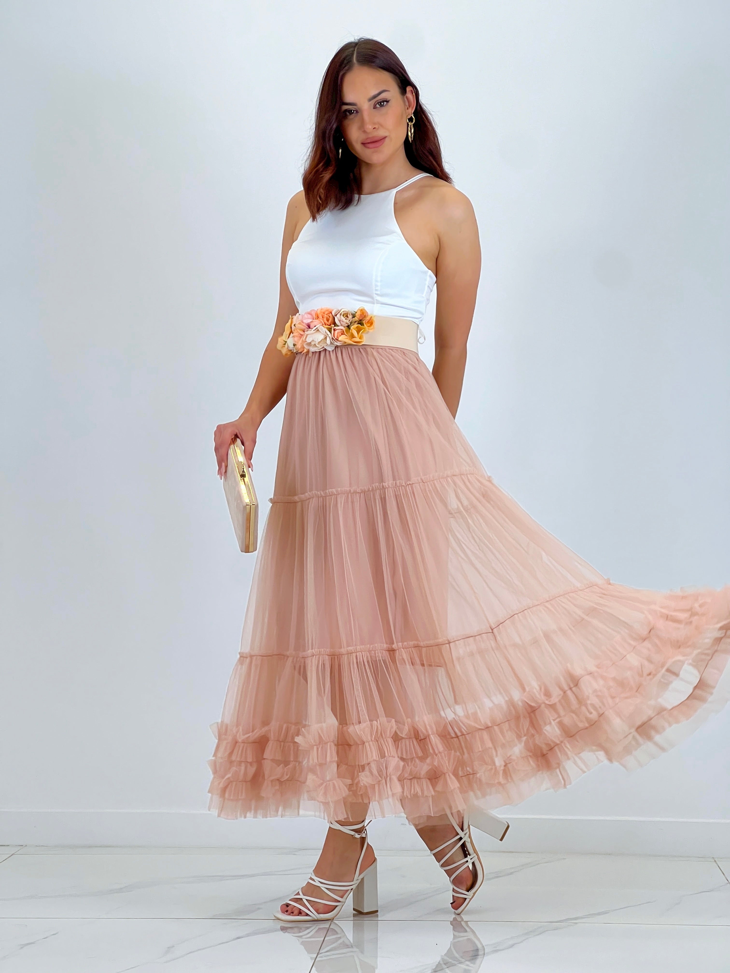 Falda de tul larga acabado rizado