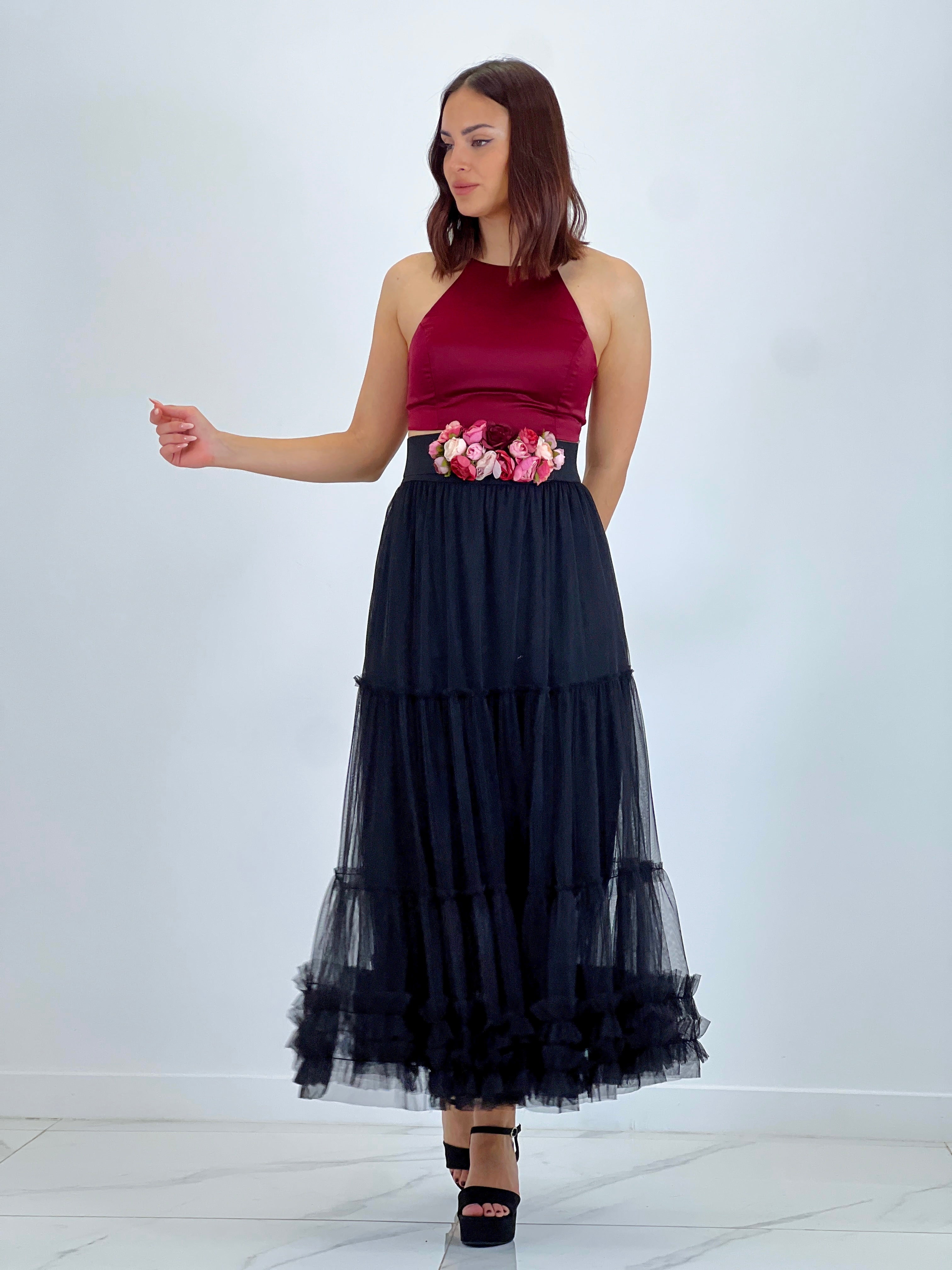 Falda de tul larga acabado rizado