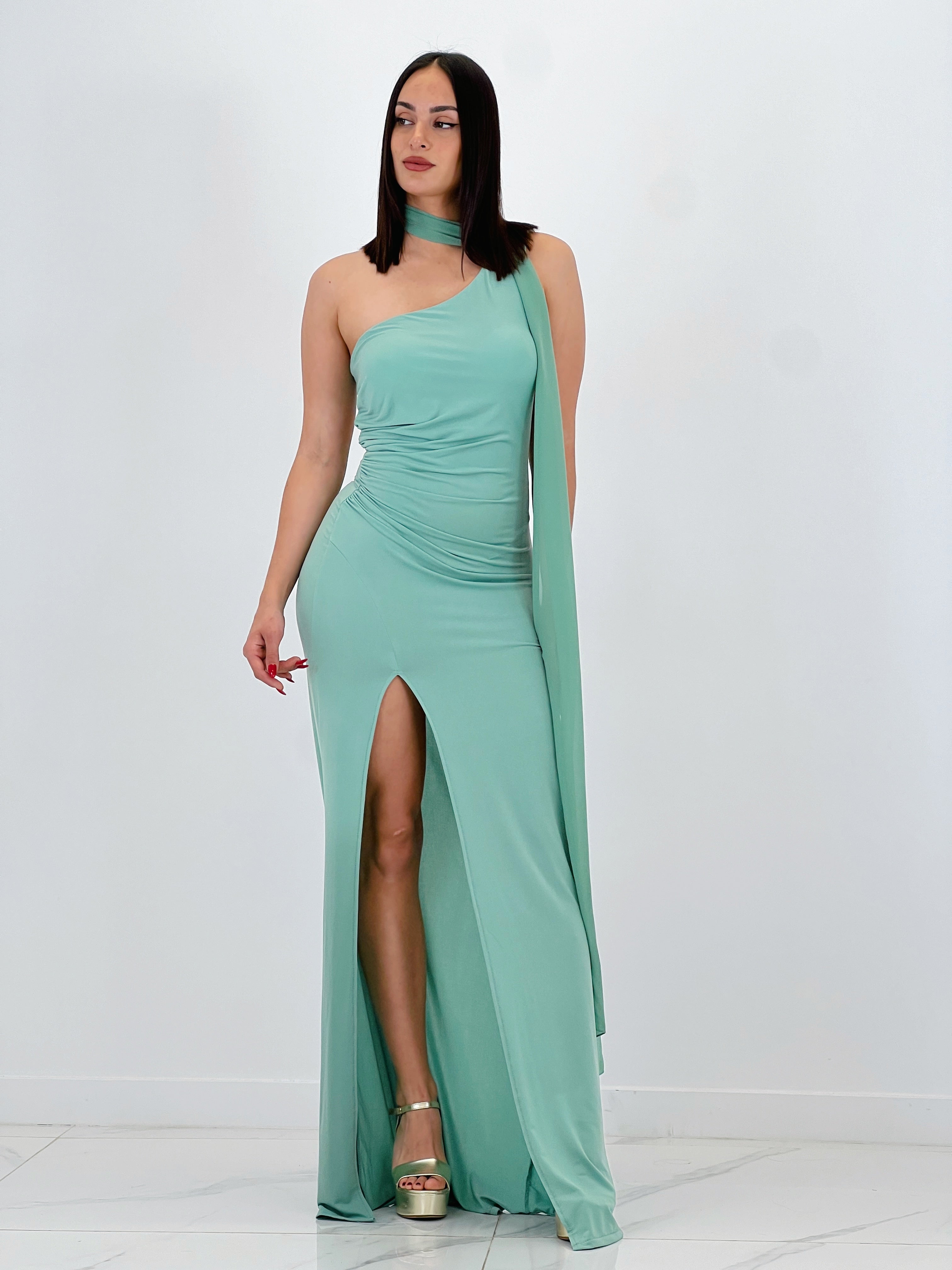 Asymmetrical dress with Yone shawl