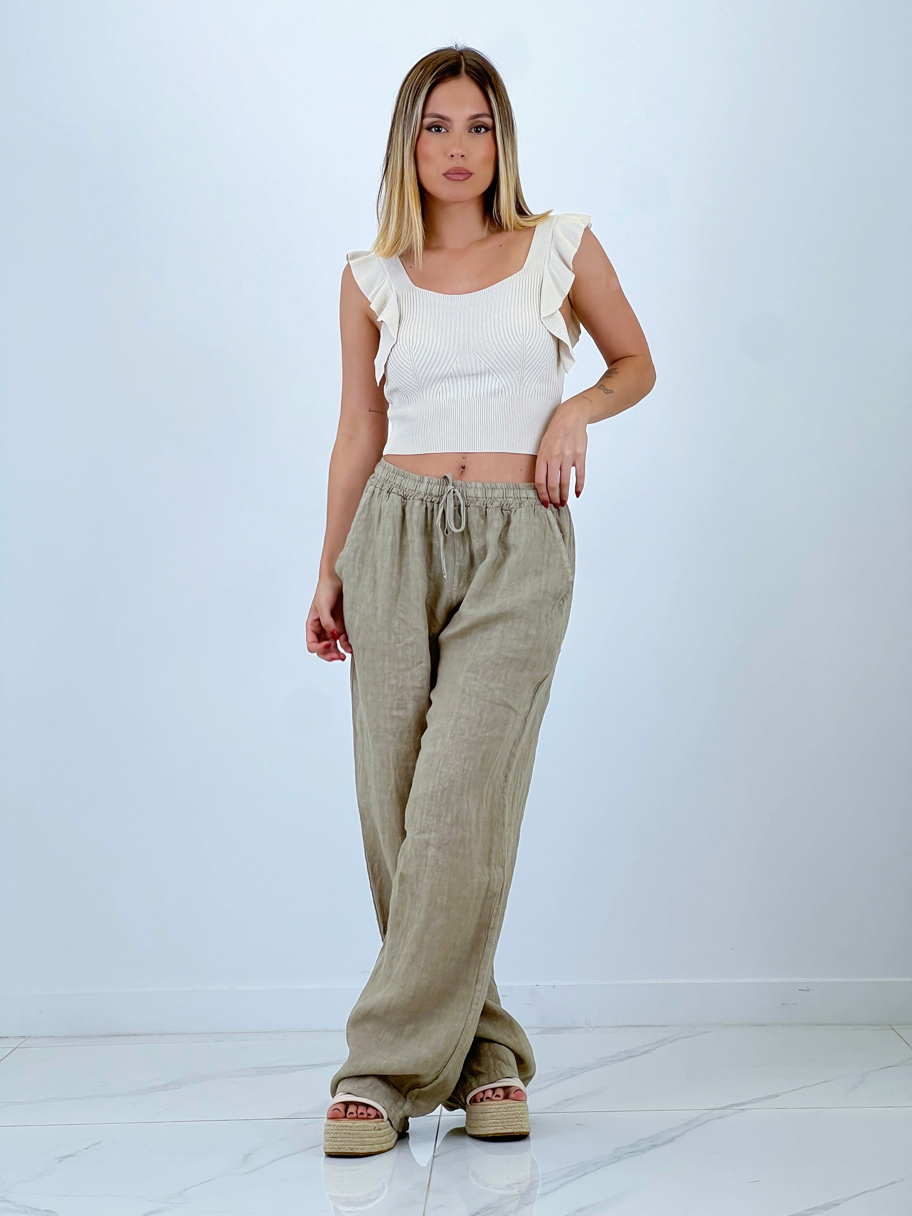 Straight linen trousers with elastic waistband