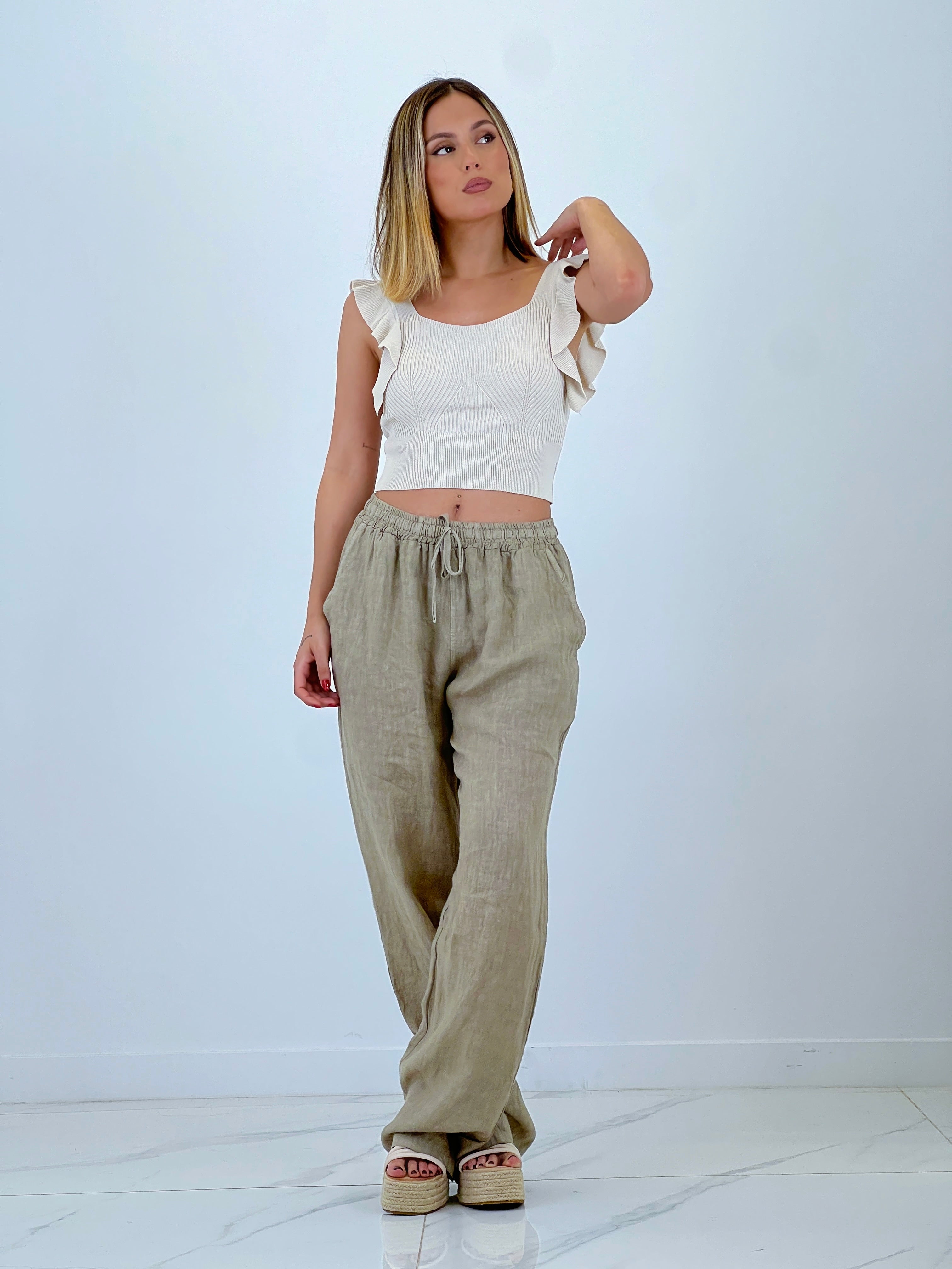 Straight linen trousers with elastic waistband