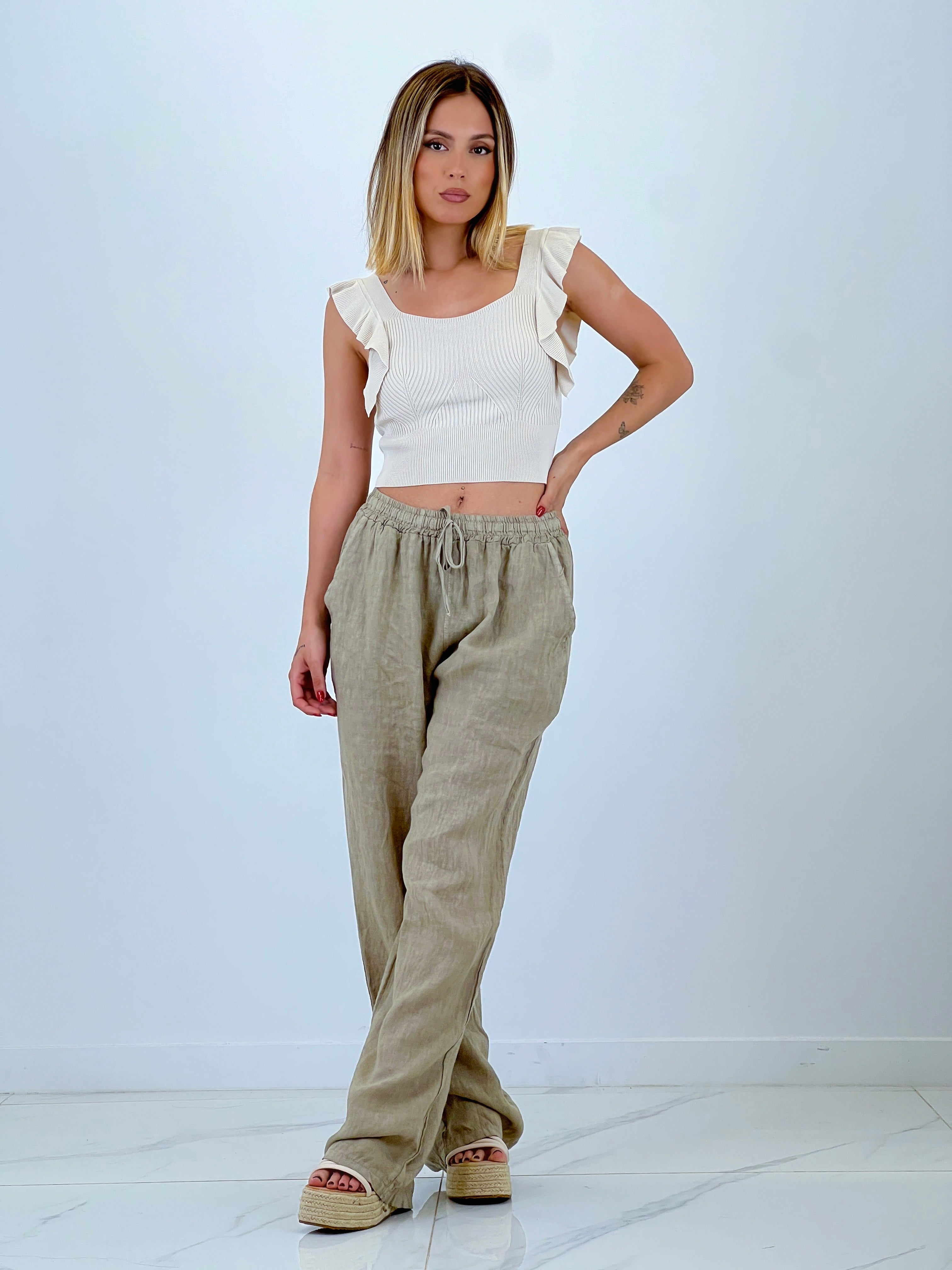 Straight linen trousers with elastic waistband
