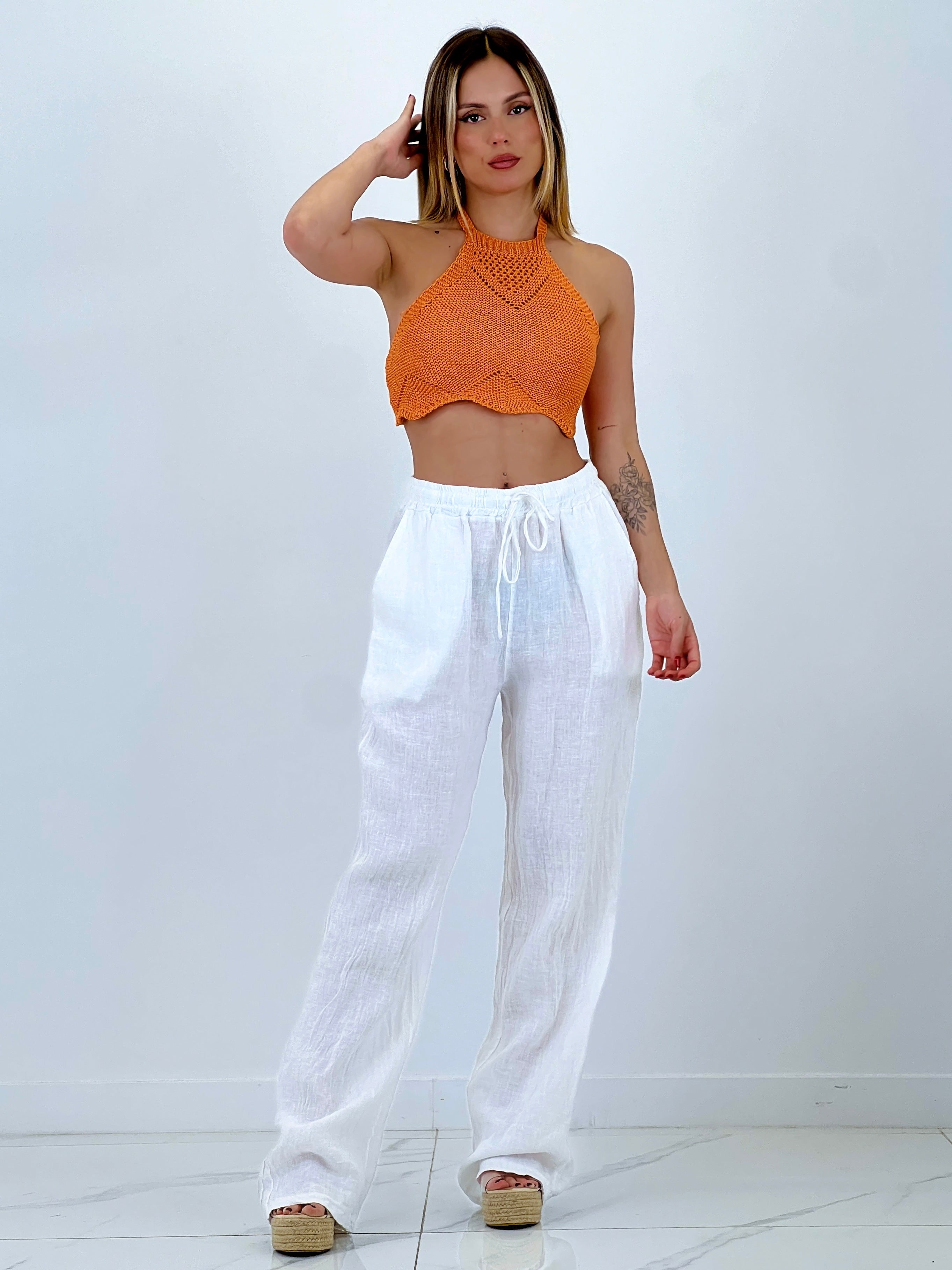 Straight linen trousers with elastic waistband