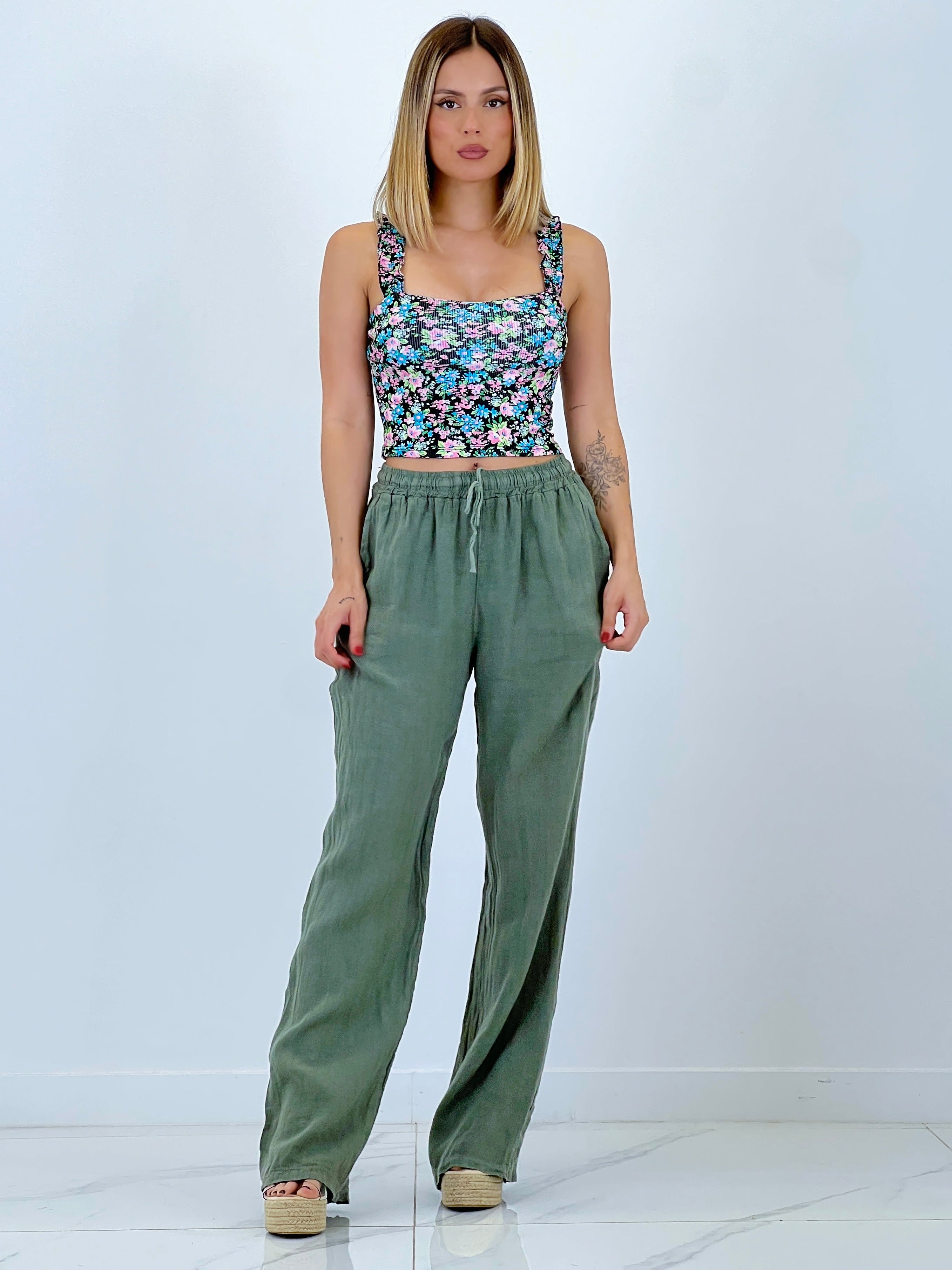 Pantalón lino flare goma
