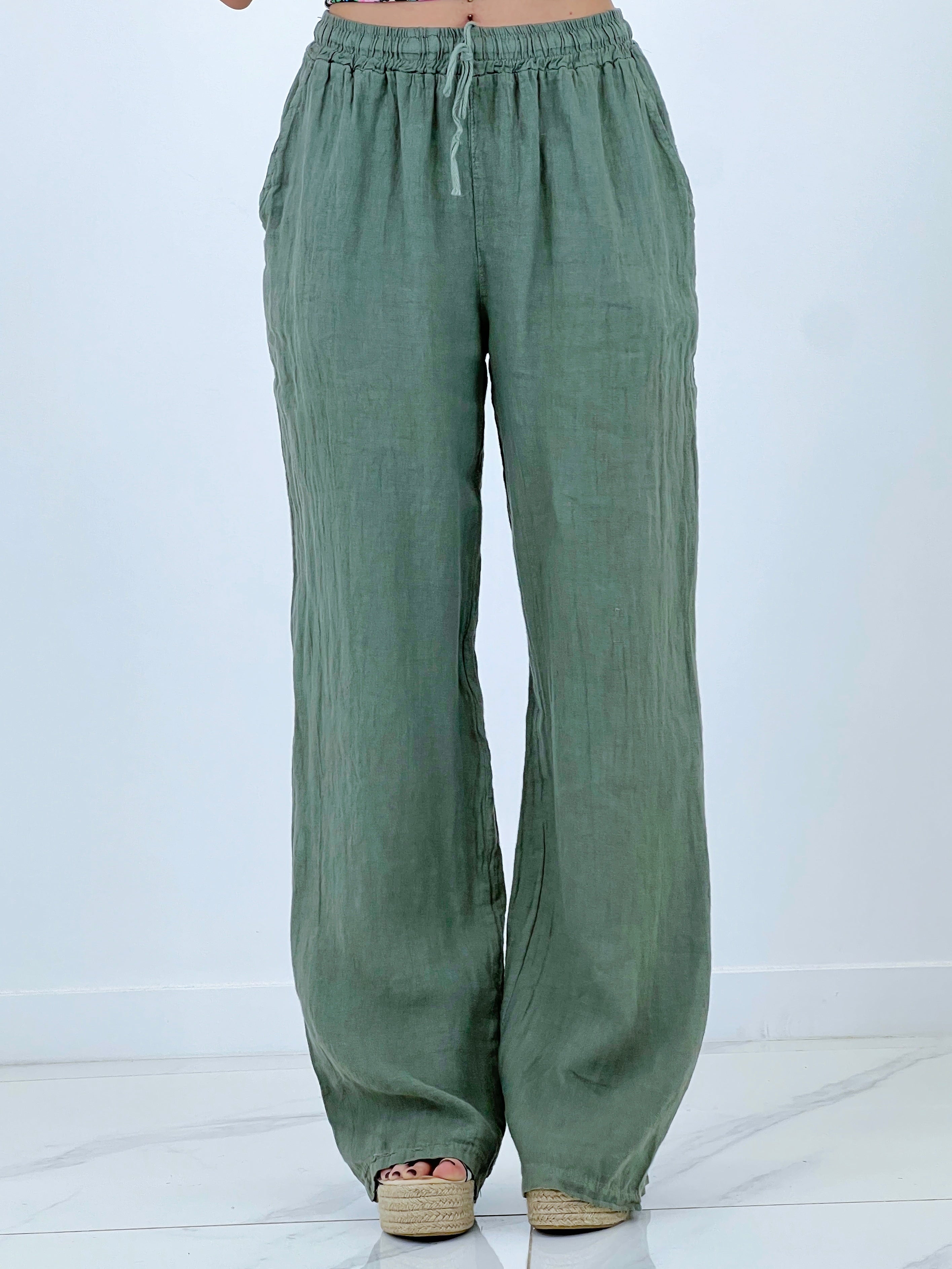 Straight linen trousers with elastic waistband
