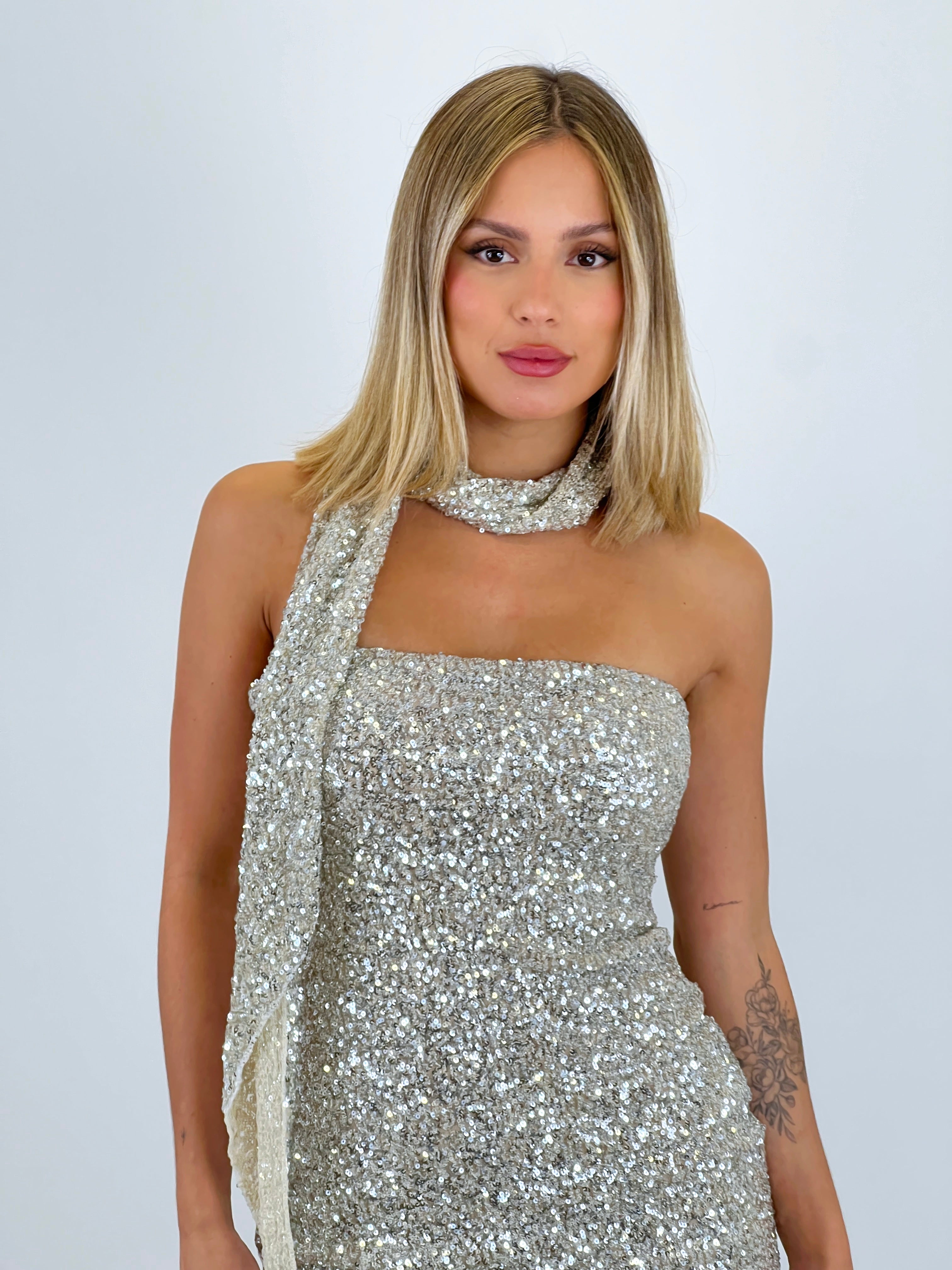 Sequin dress with scarf