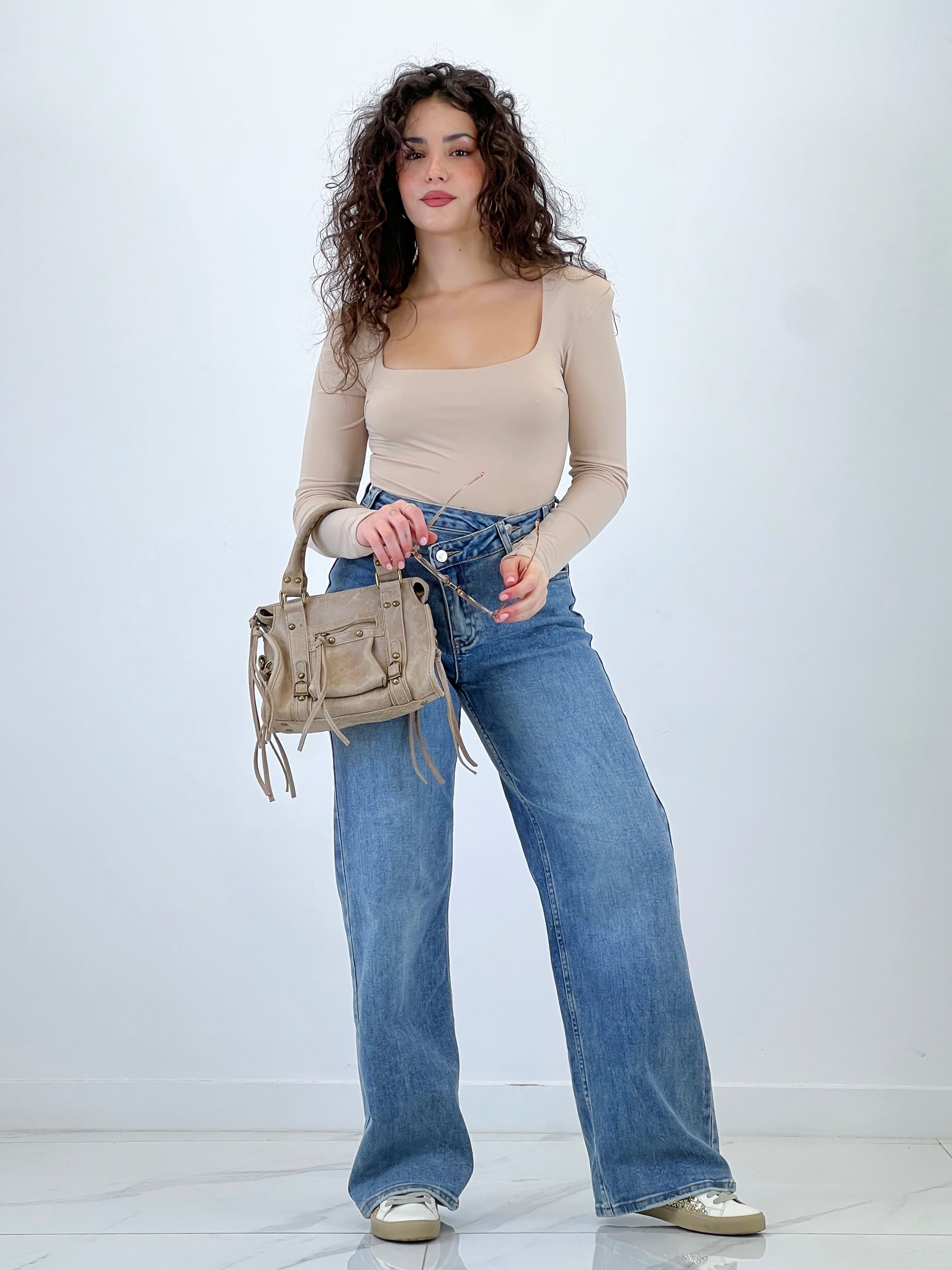 Wide leg crossover waist jeans
