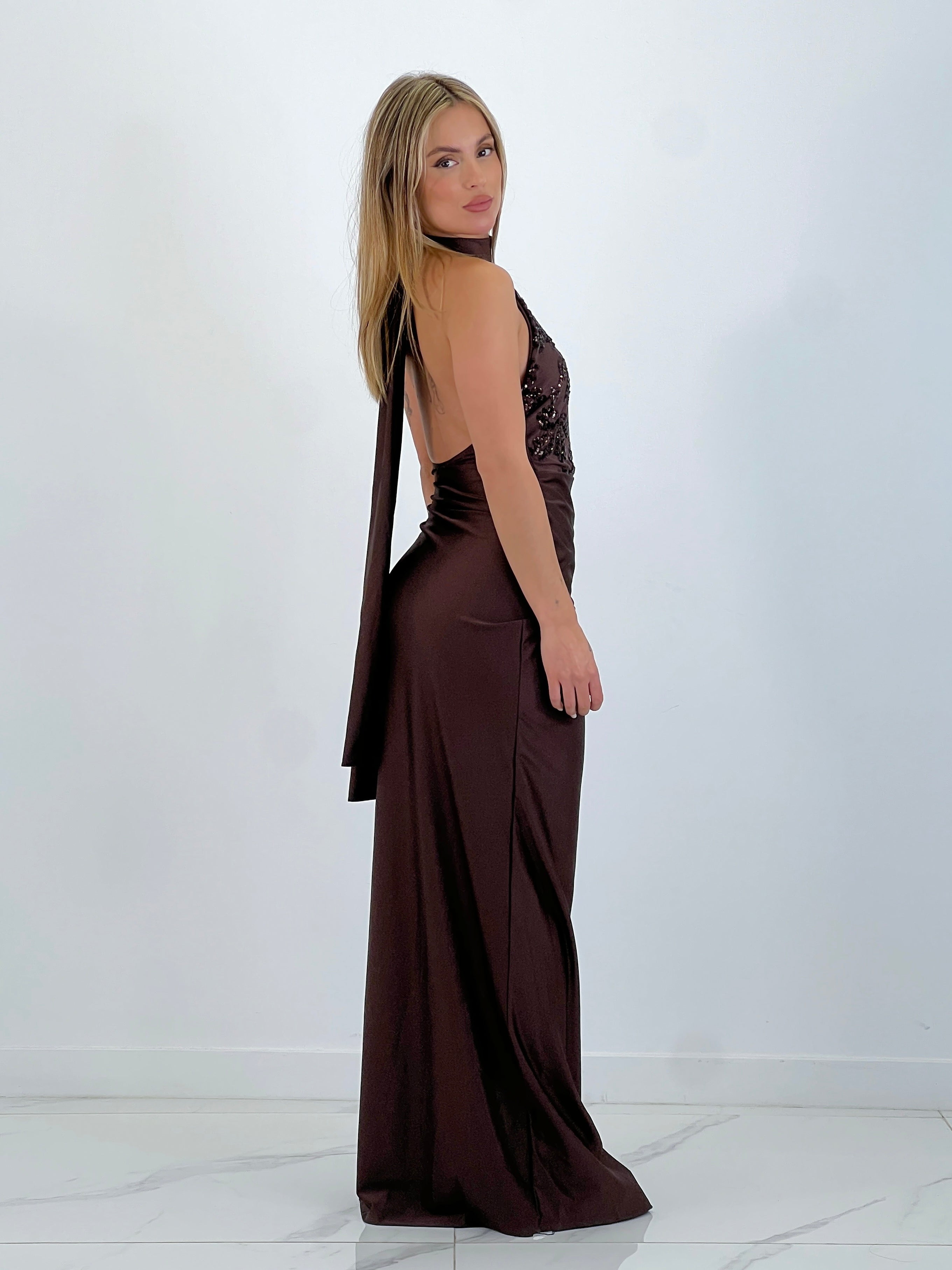 Satin halter sequin dress