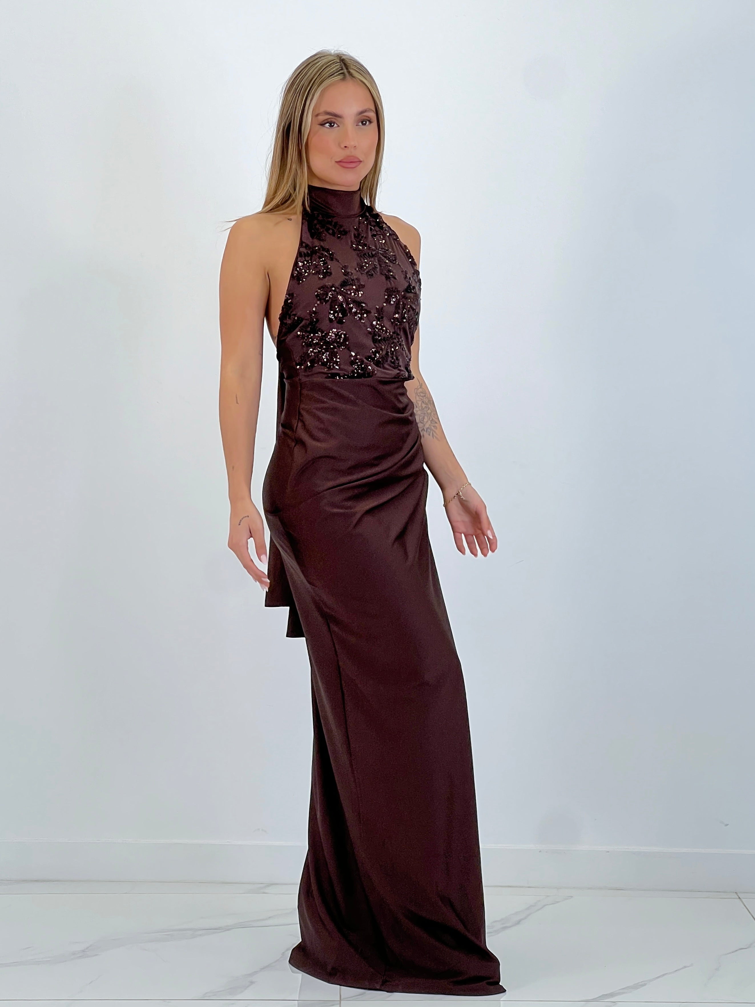 Satin halter sequin dress