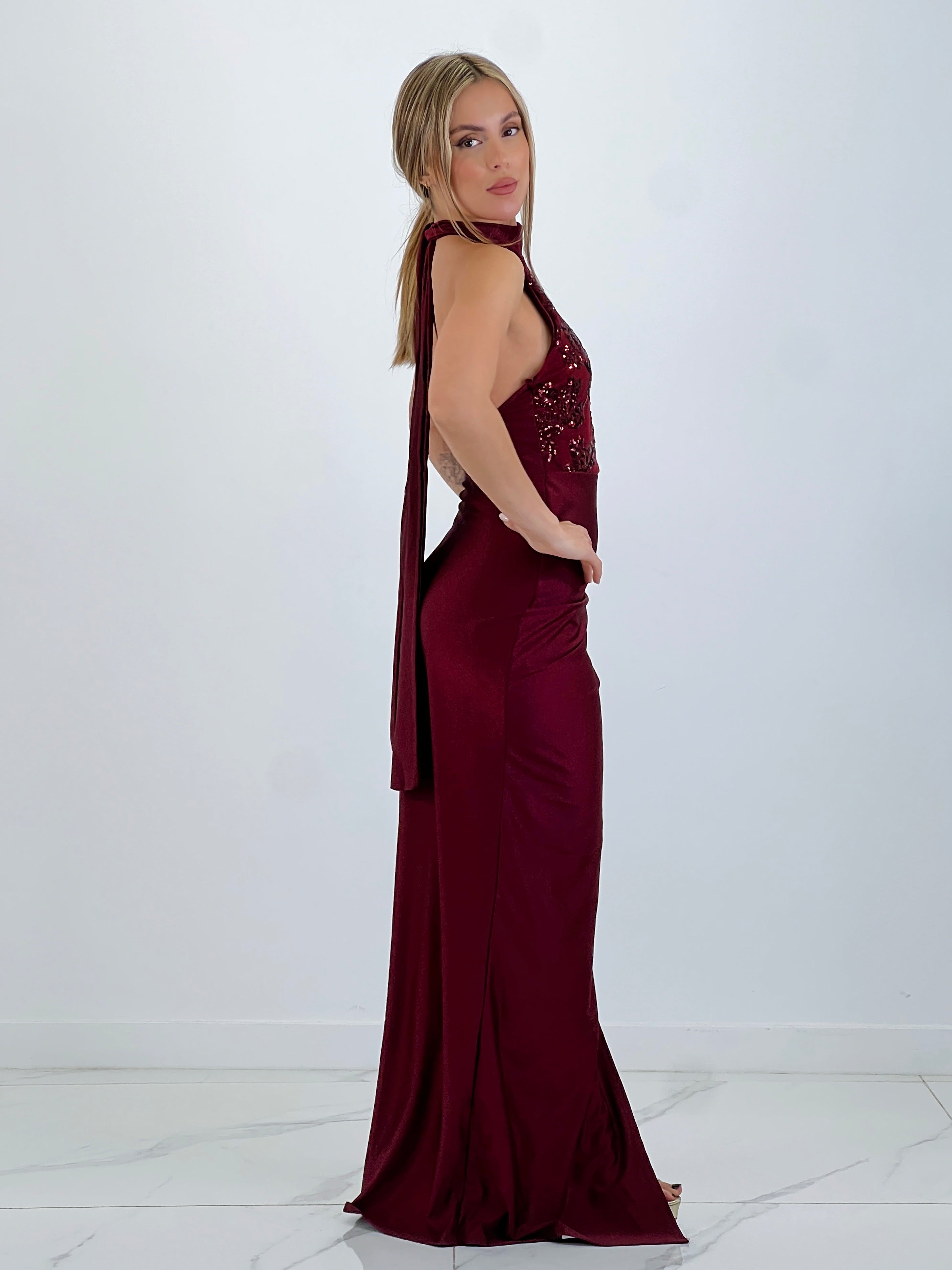 Satin halter sequin dress