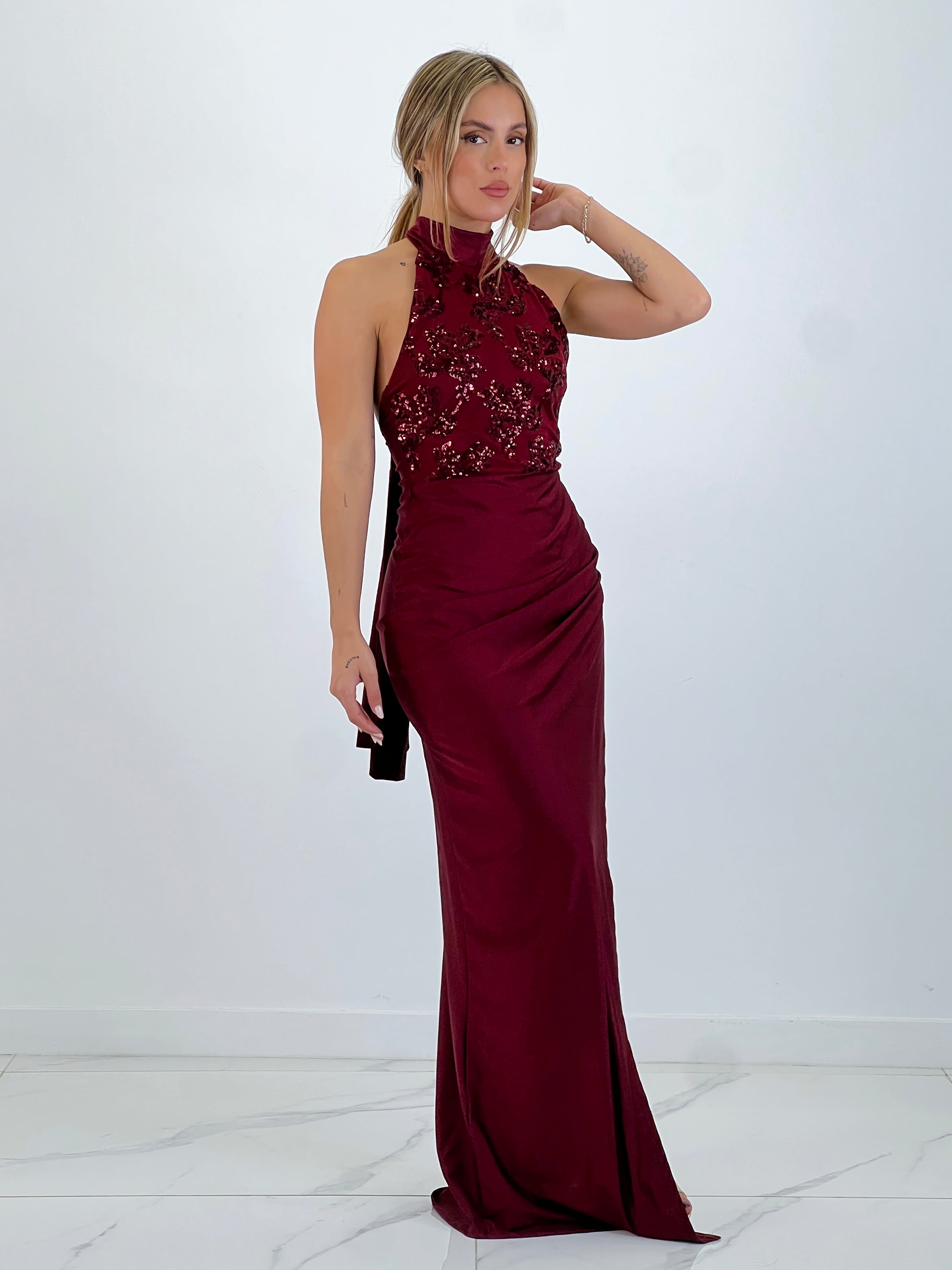 Satin halter sequin dress