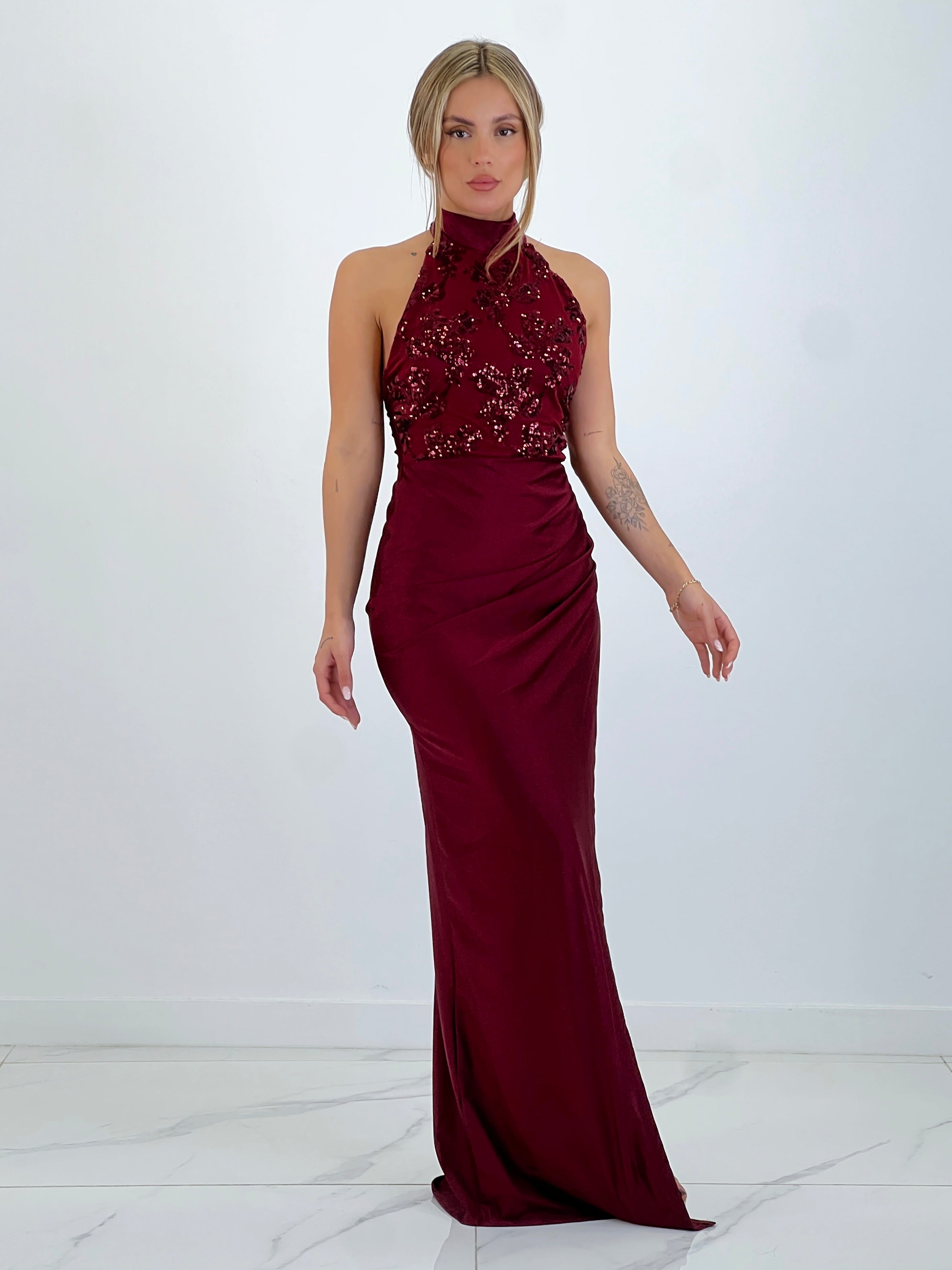 Satin halter sequin dress