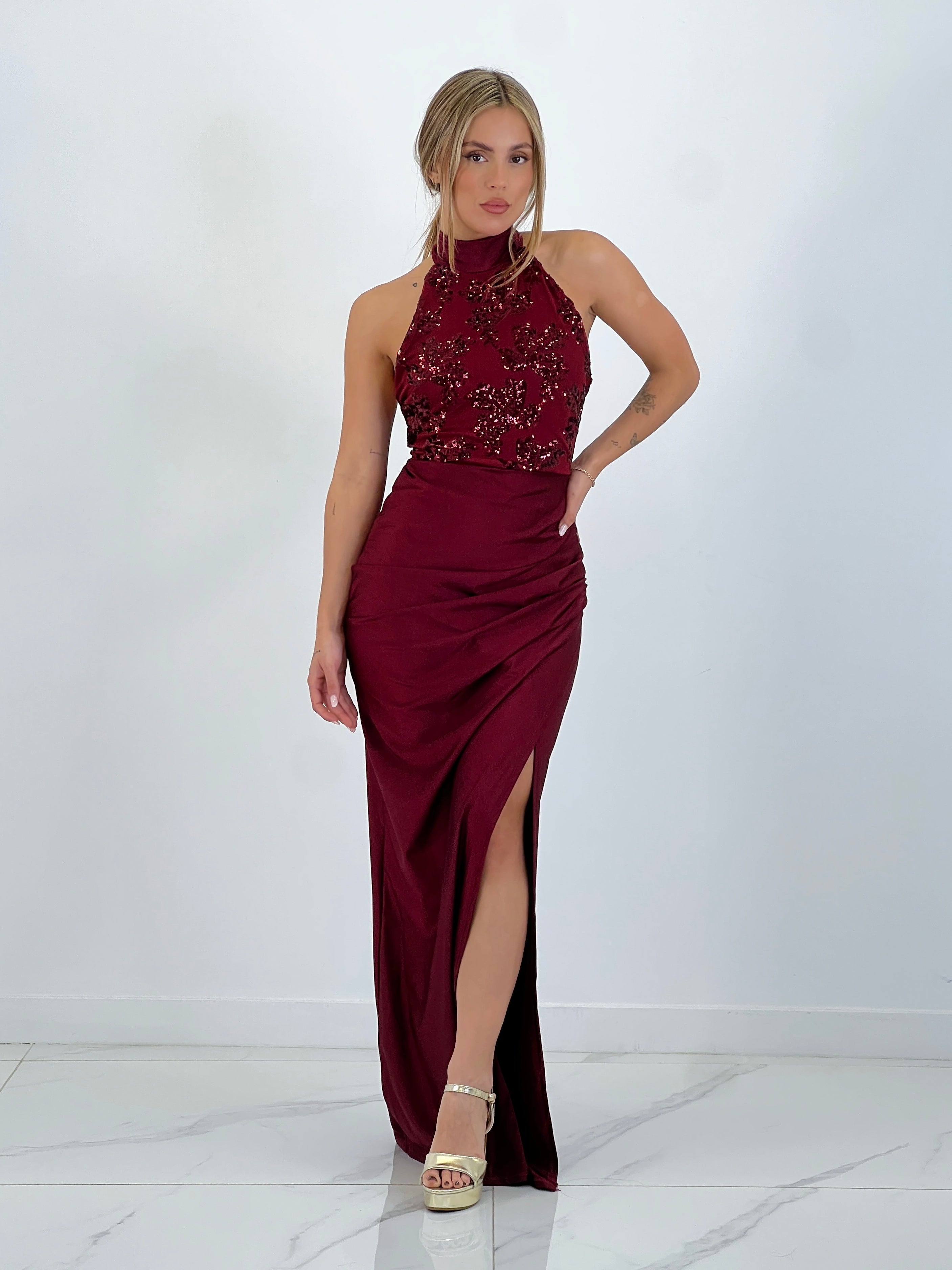 Satin halter sequin dress