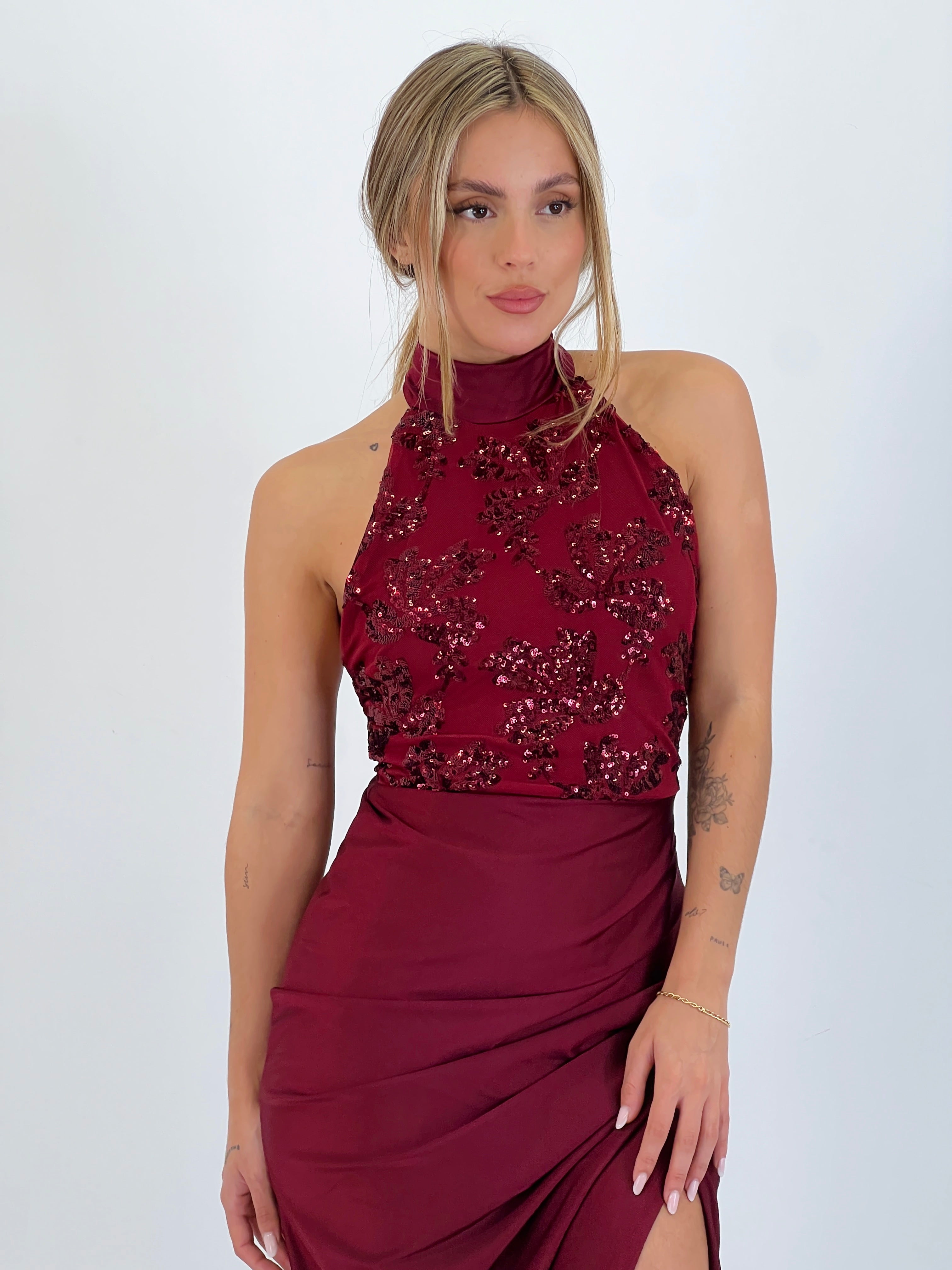 Satin halter sequin dress
