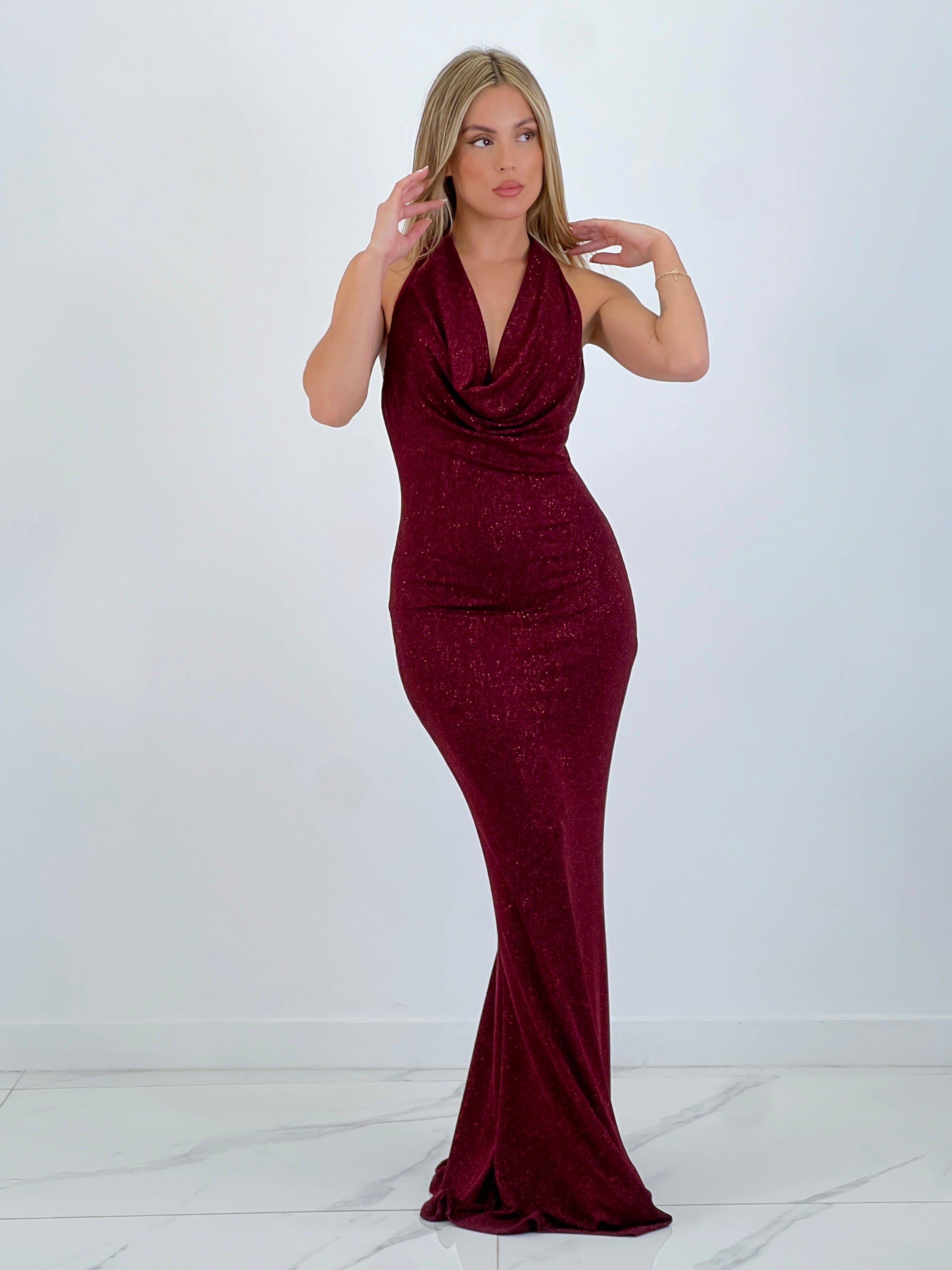 Vestido lurex cuello cascada