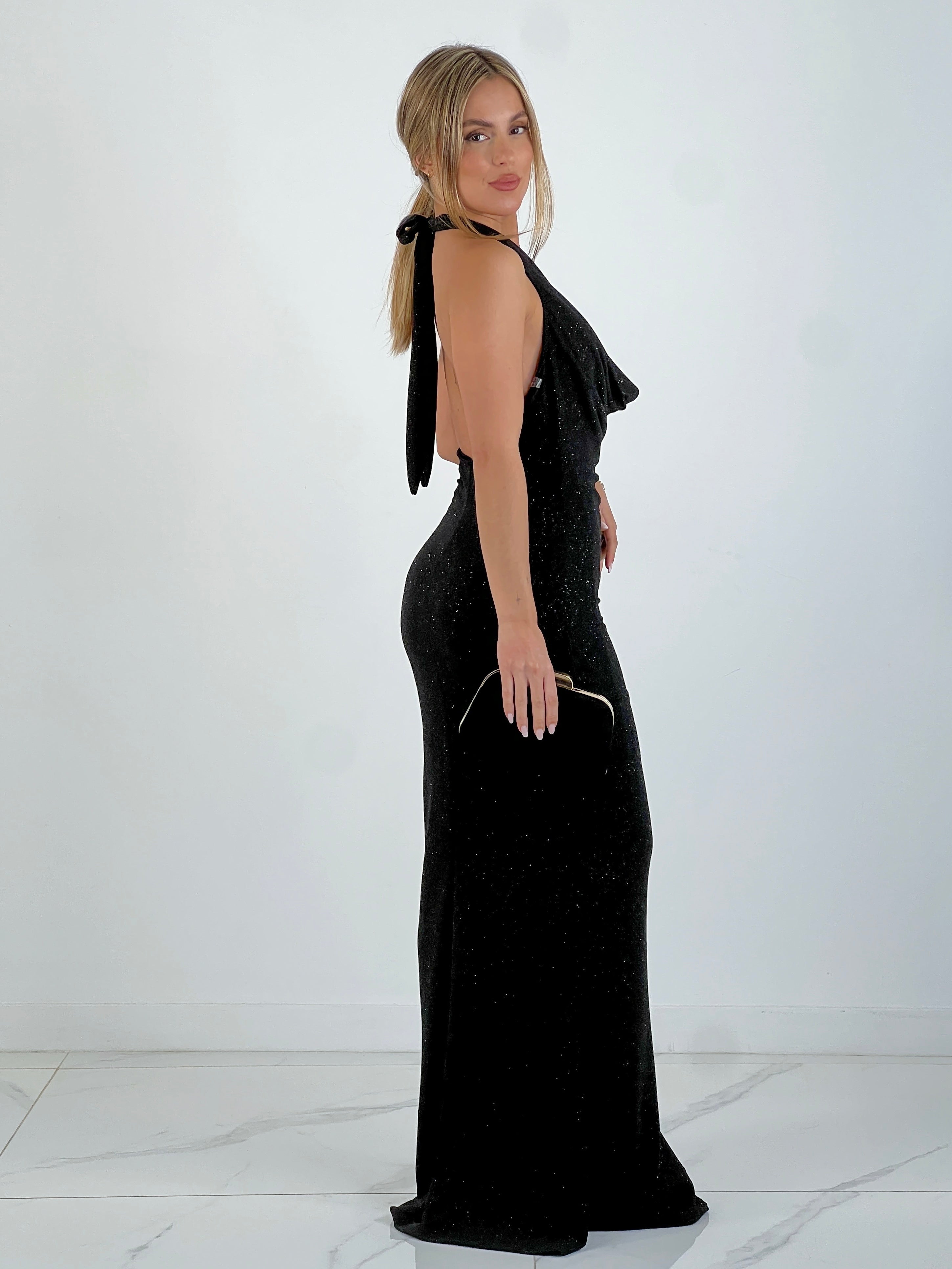 Vestido lurex cuello cascada