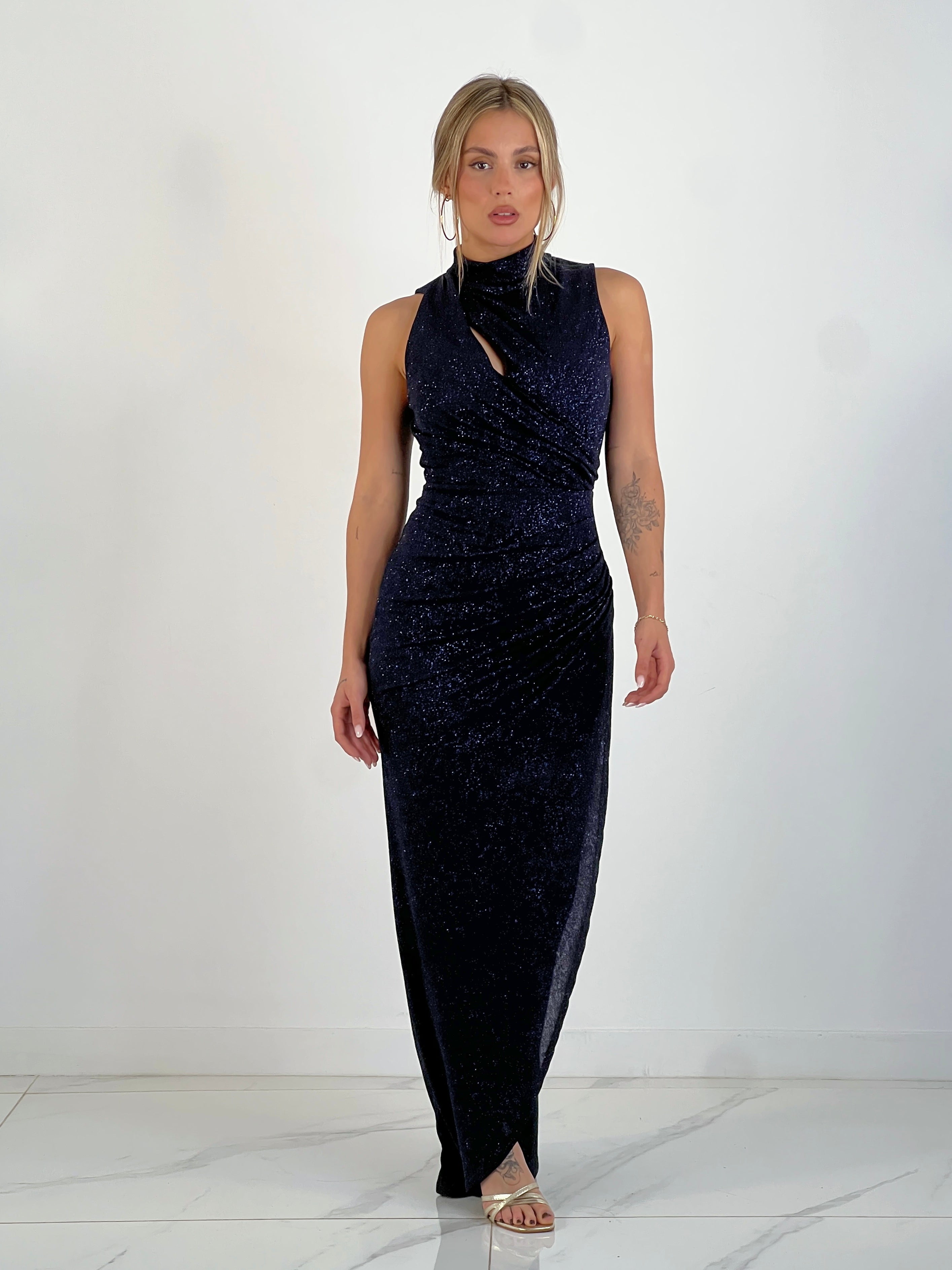 Vestido midi cruzado glitter