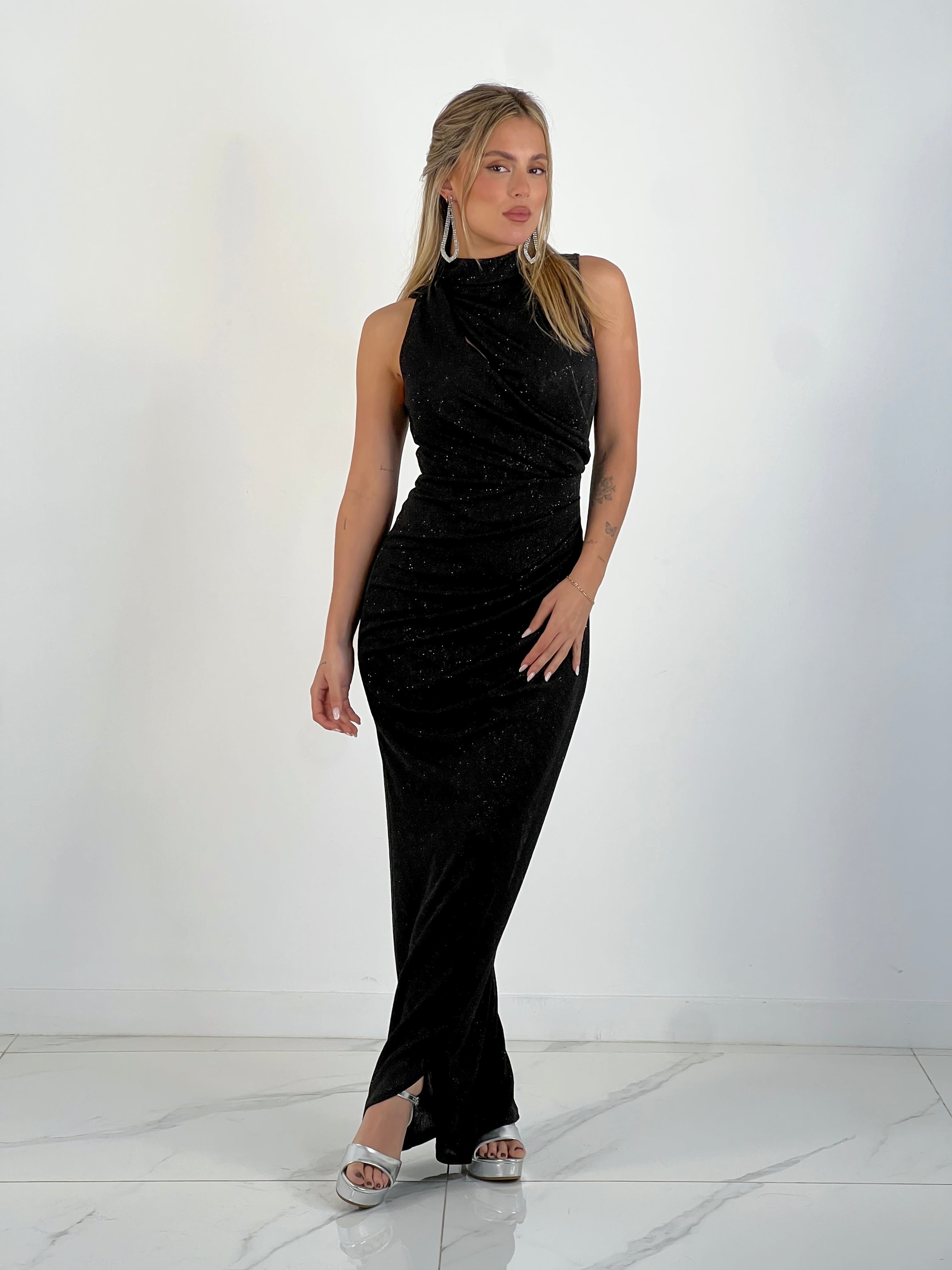 Vestido midi cruzado glitter