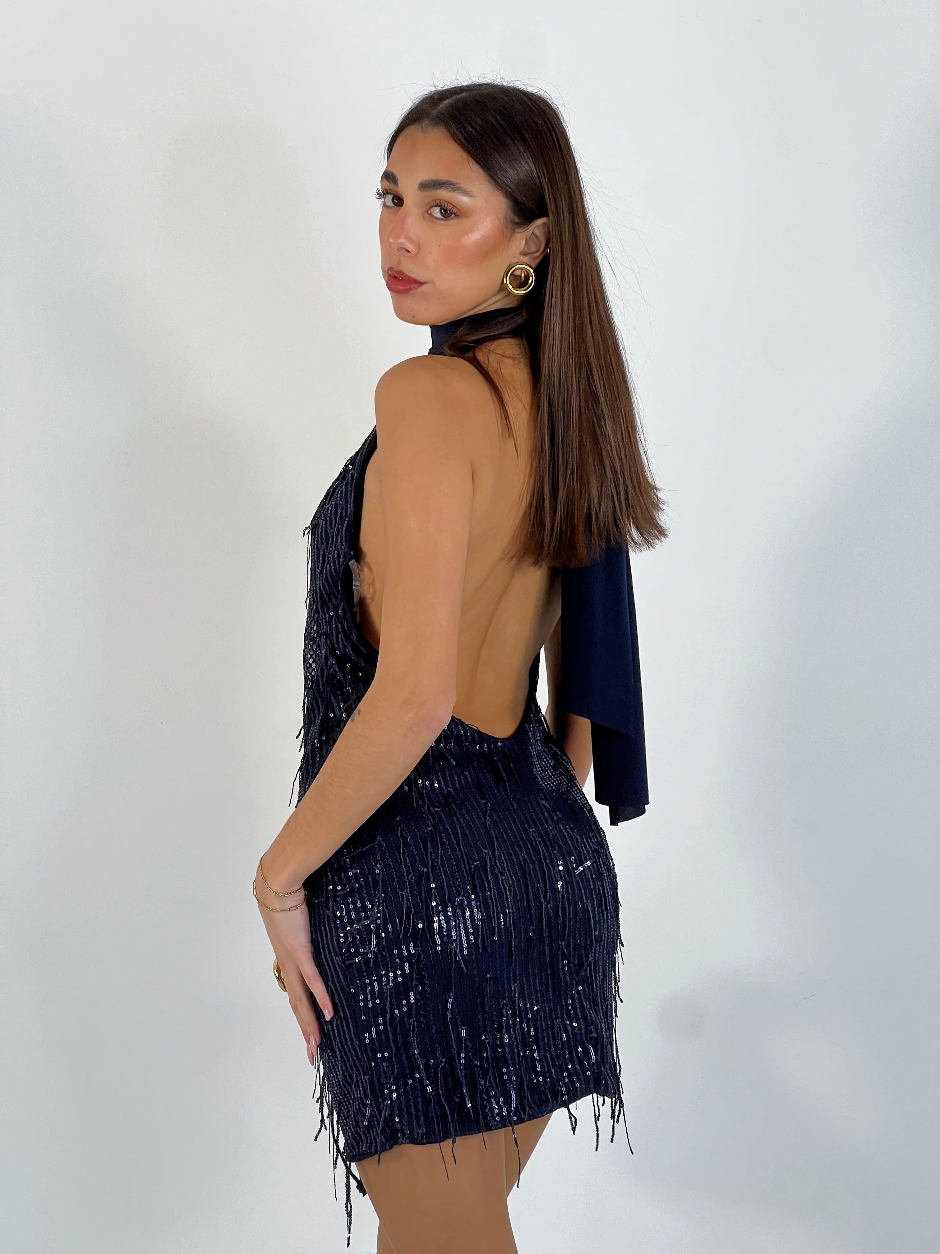 Vestido halter flecos lentejuelas