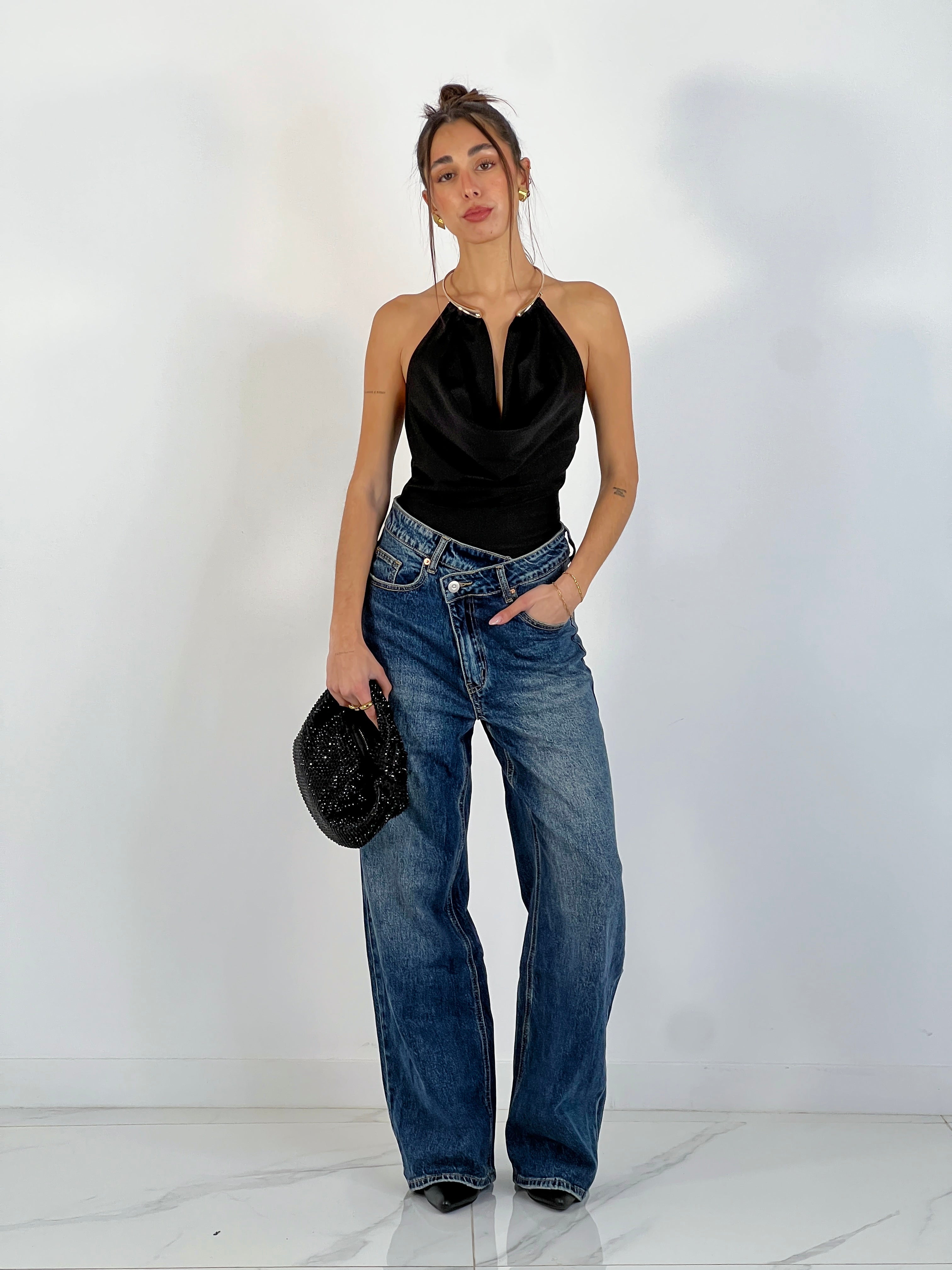 Jeans denim cintura cruzada