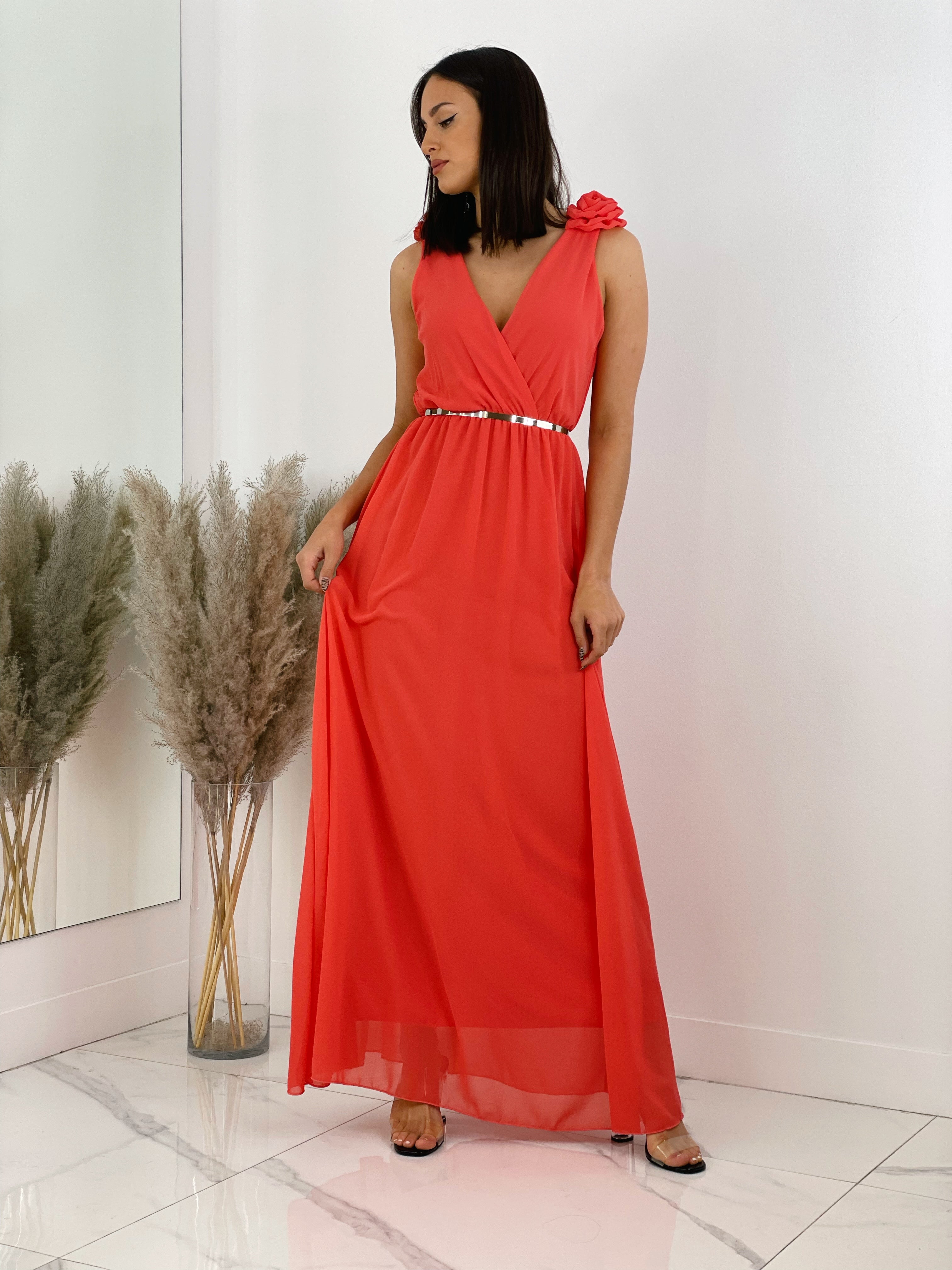 Vestido ceremonia con flores en los hombros color coral | Zebra&Maduixa