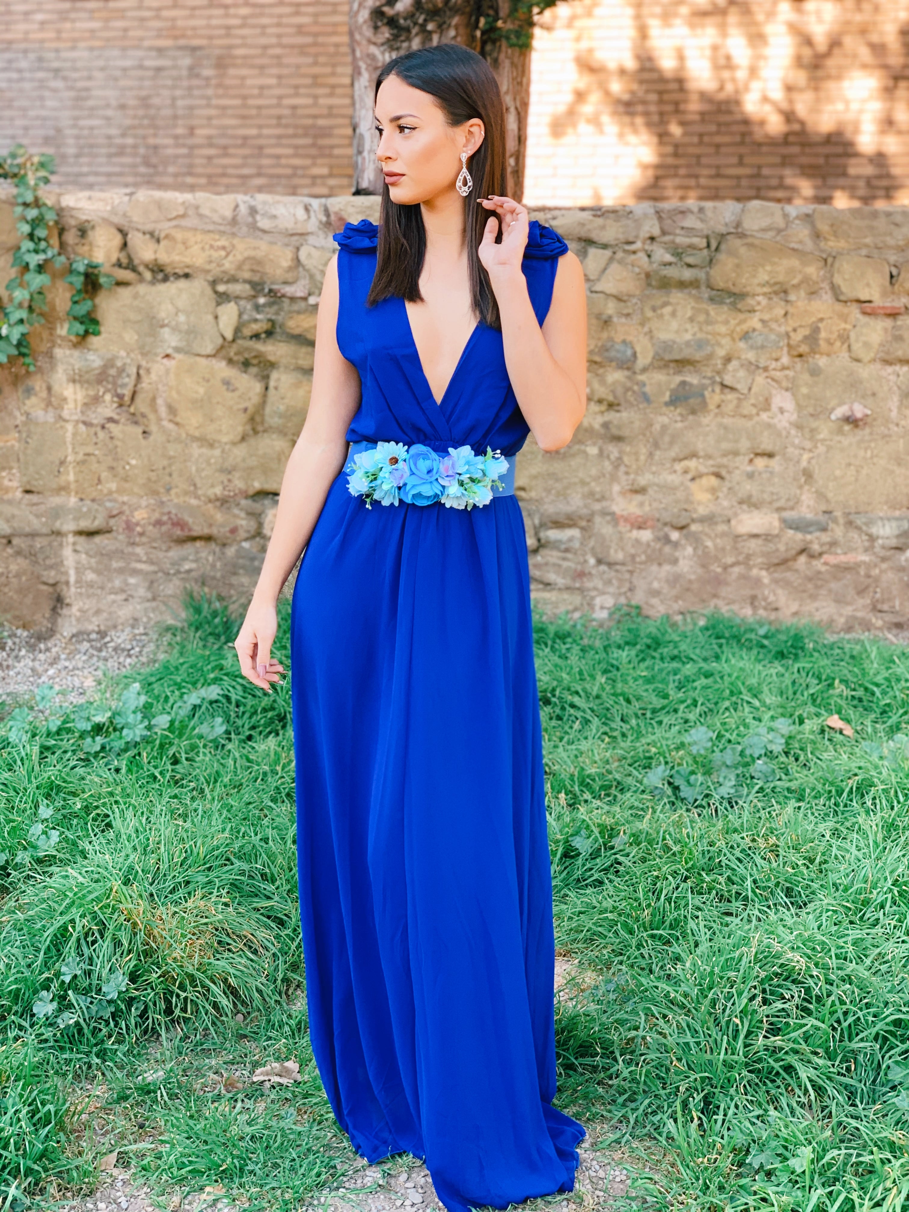 Vestido ceremonia con flores en los hombros color azul klein | Zebra&Maduixa