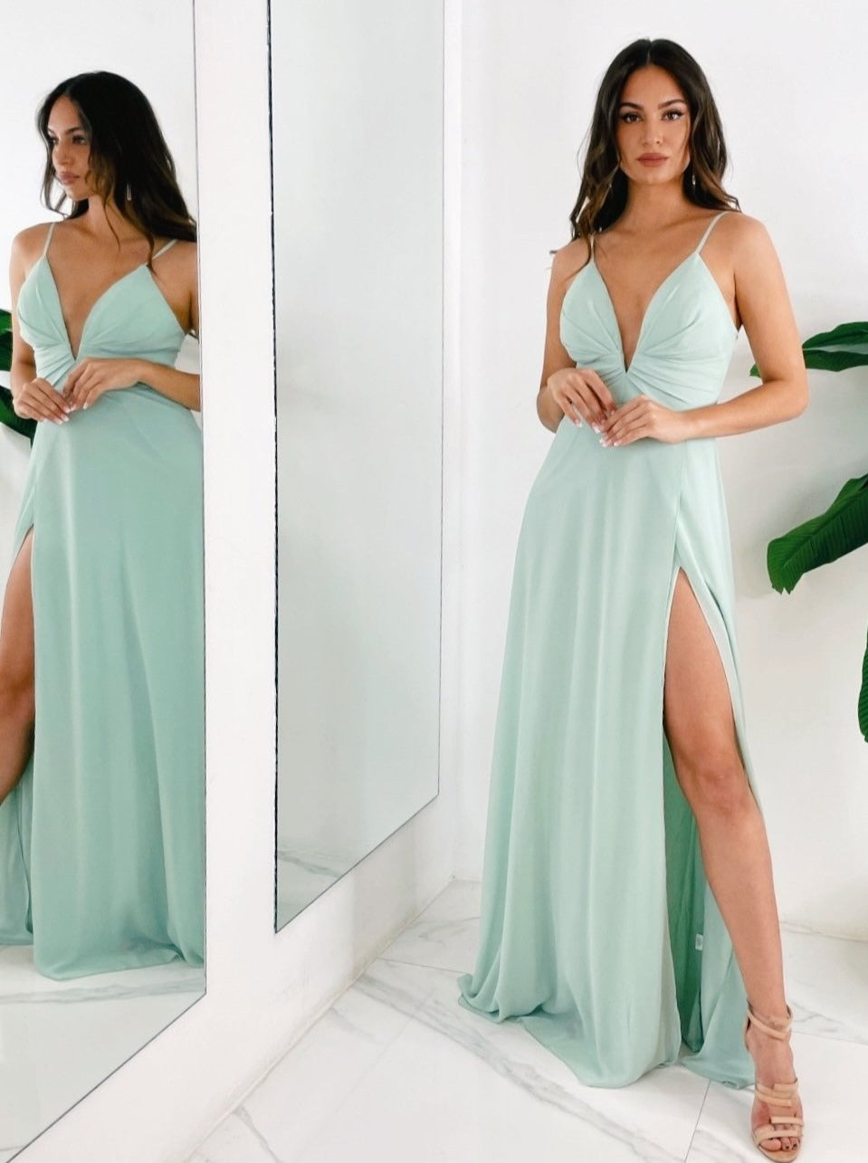 Vestido ceremonia escote v con corte salvia | Zebra&Maduixa