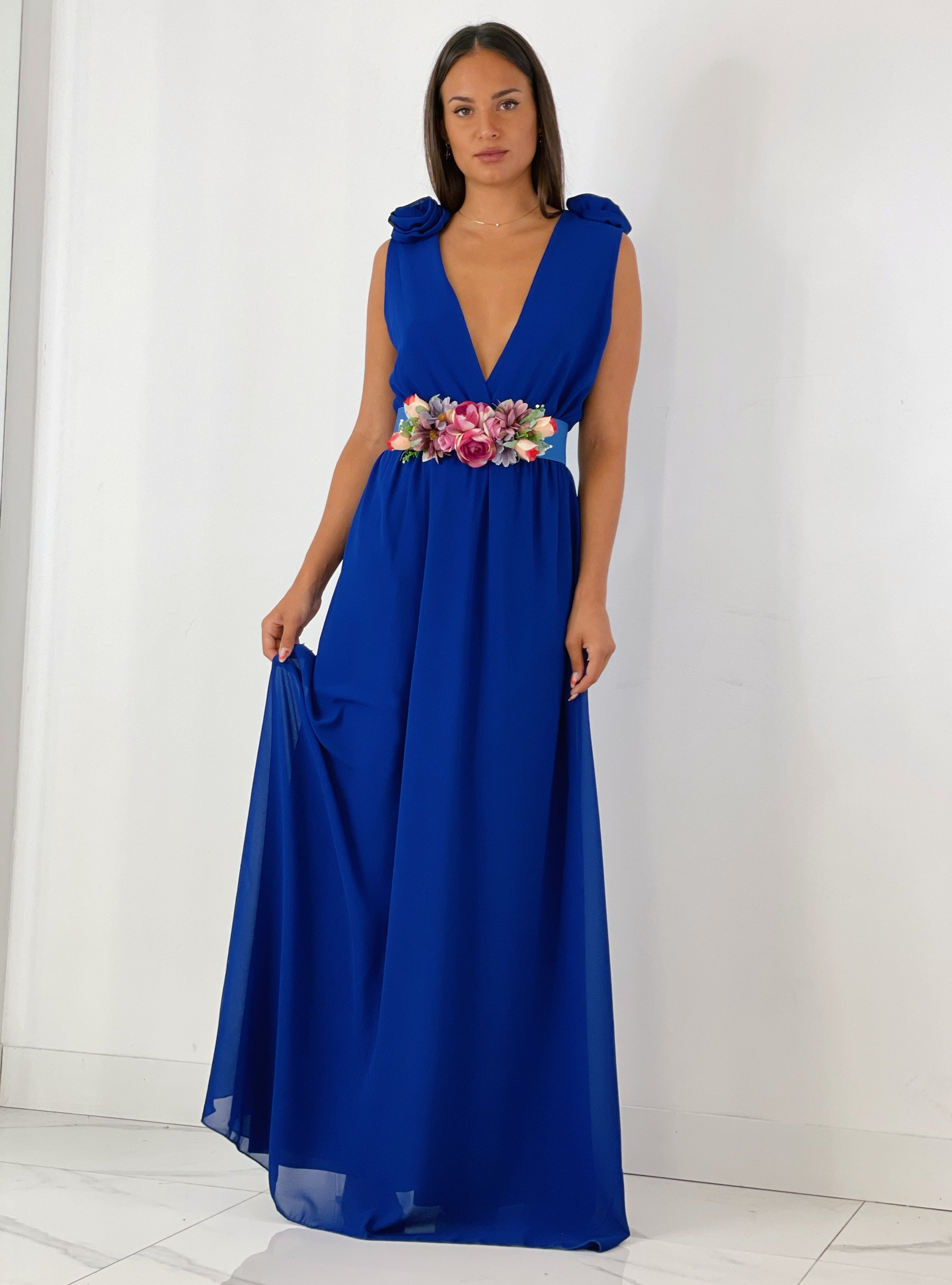 Vestido ceremonia con flores en los hombros color azul klein | Zebra&Maduixa