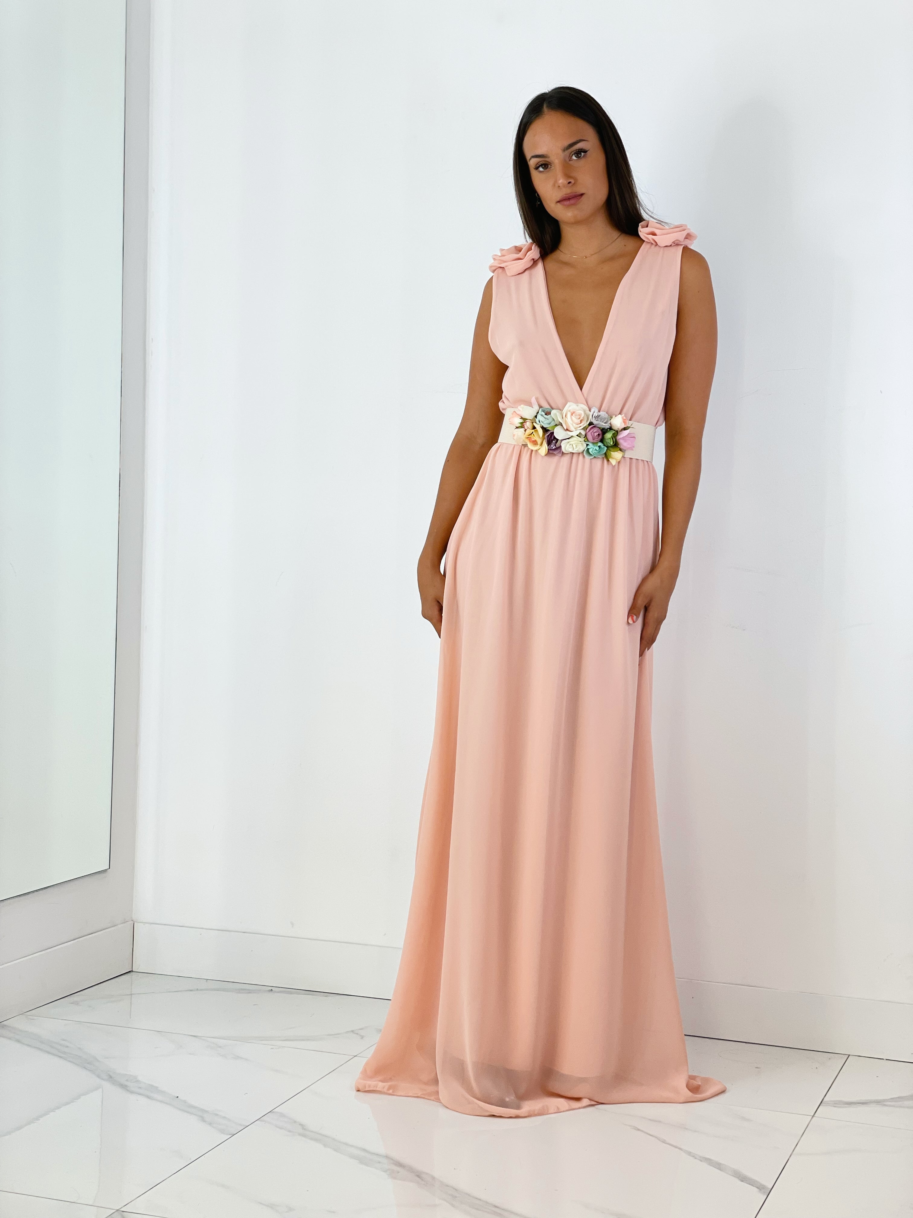 Vestido ceremonia con flores en los hombros color rosa | Zebra&Maduixa