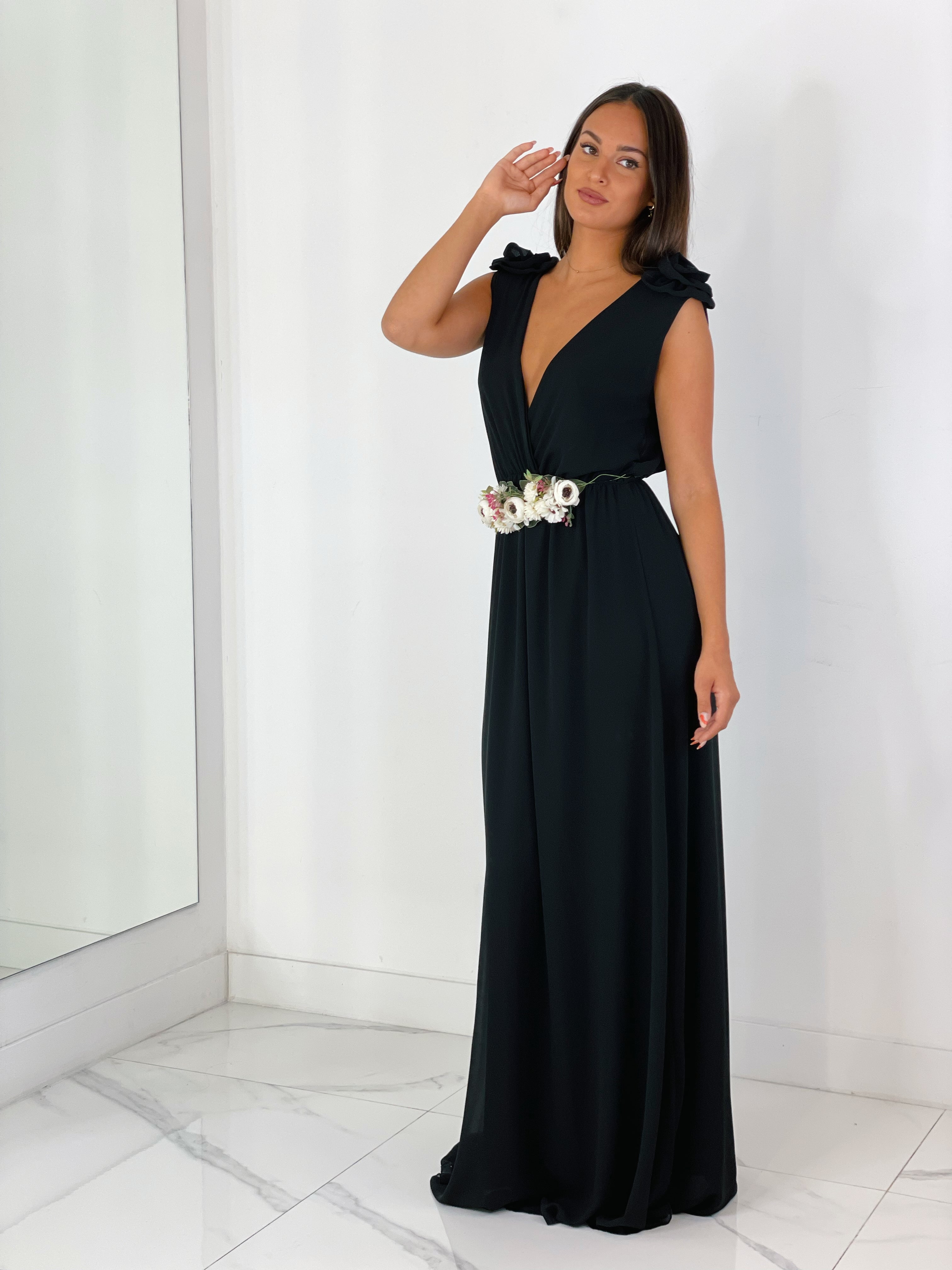 Vestido ceremonia con flores en los hombros color negro | Zebra&Maduixa