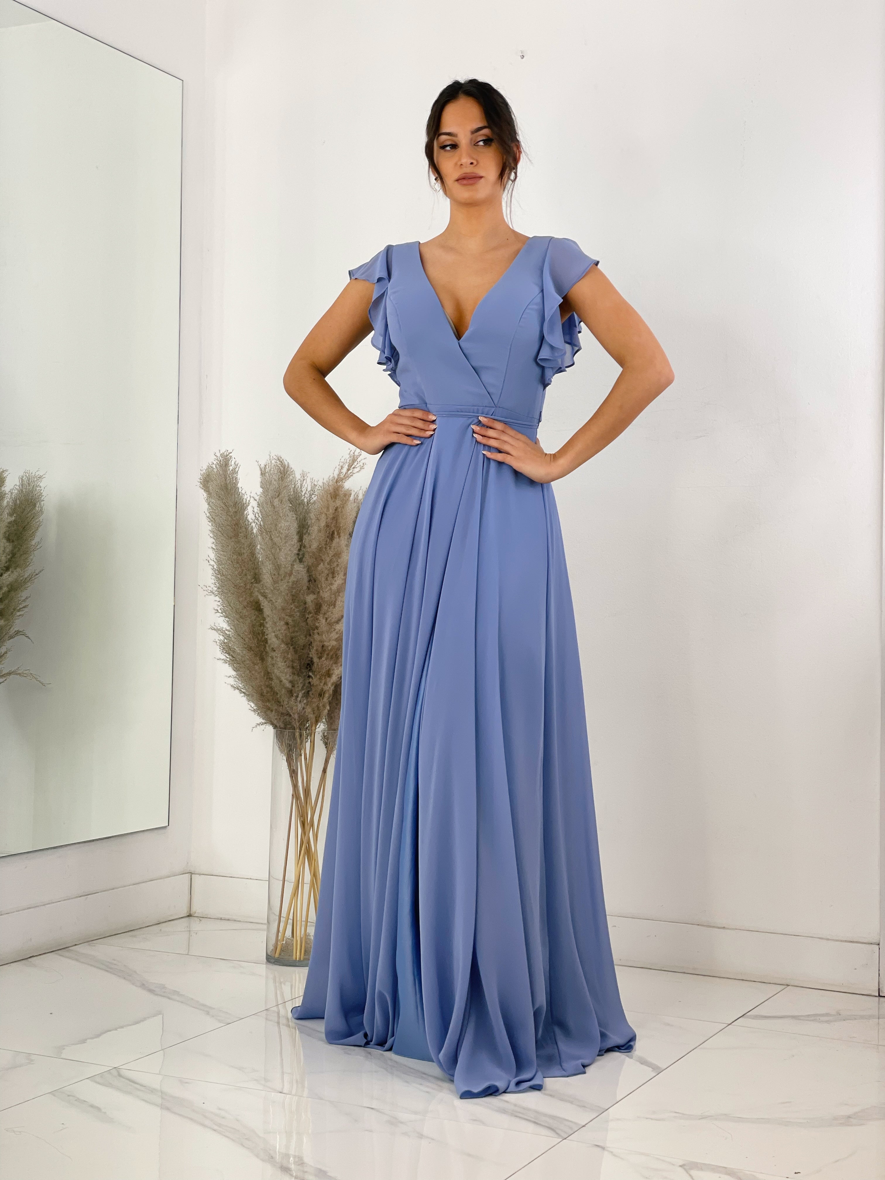 Vestido de ceremonia de manga corta acabada en volantes azul grisaceo | Zebra&Maduixa