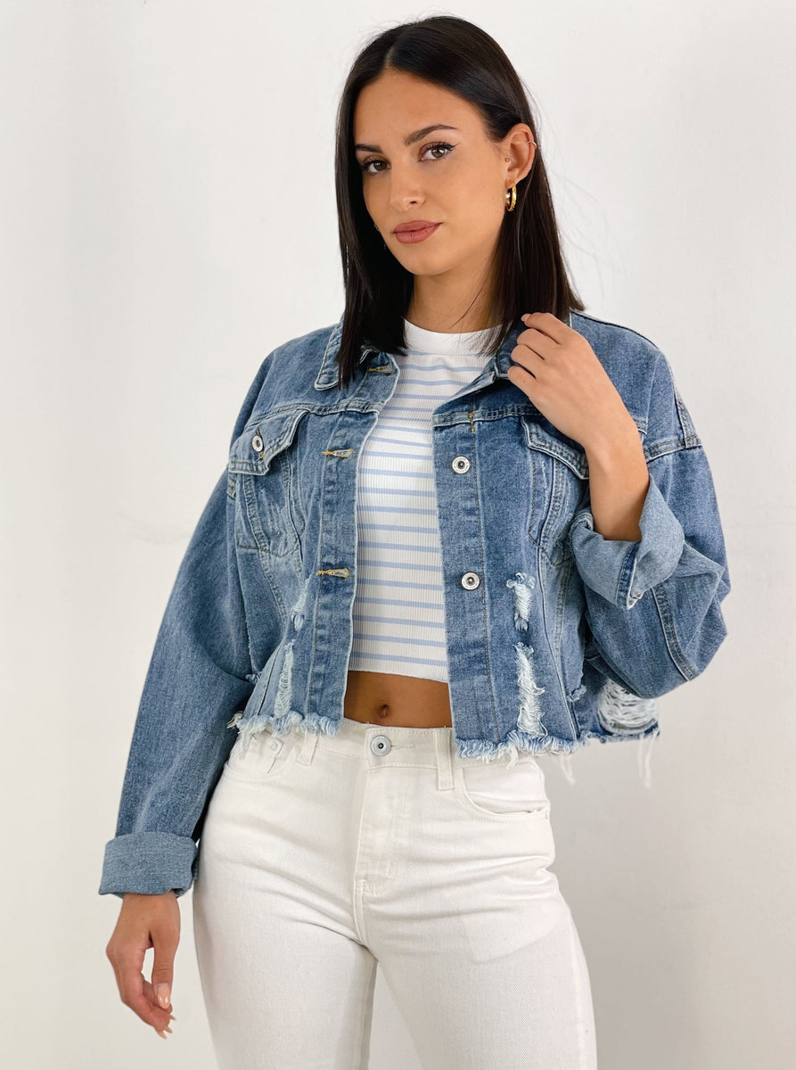 Ripped denim hot sale jacket cropped