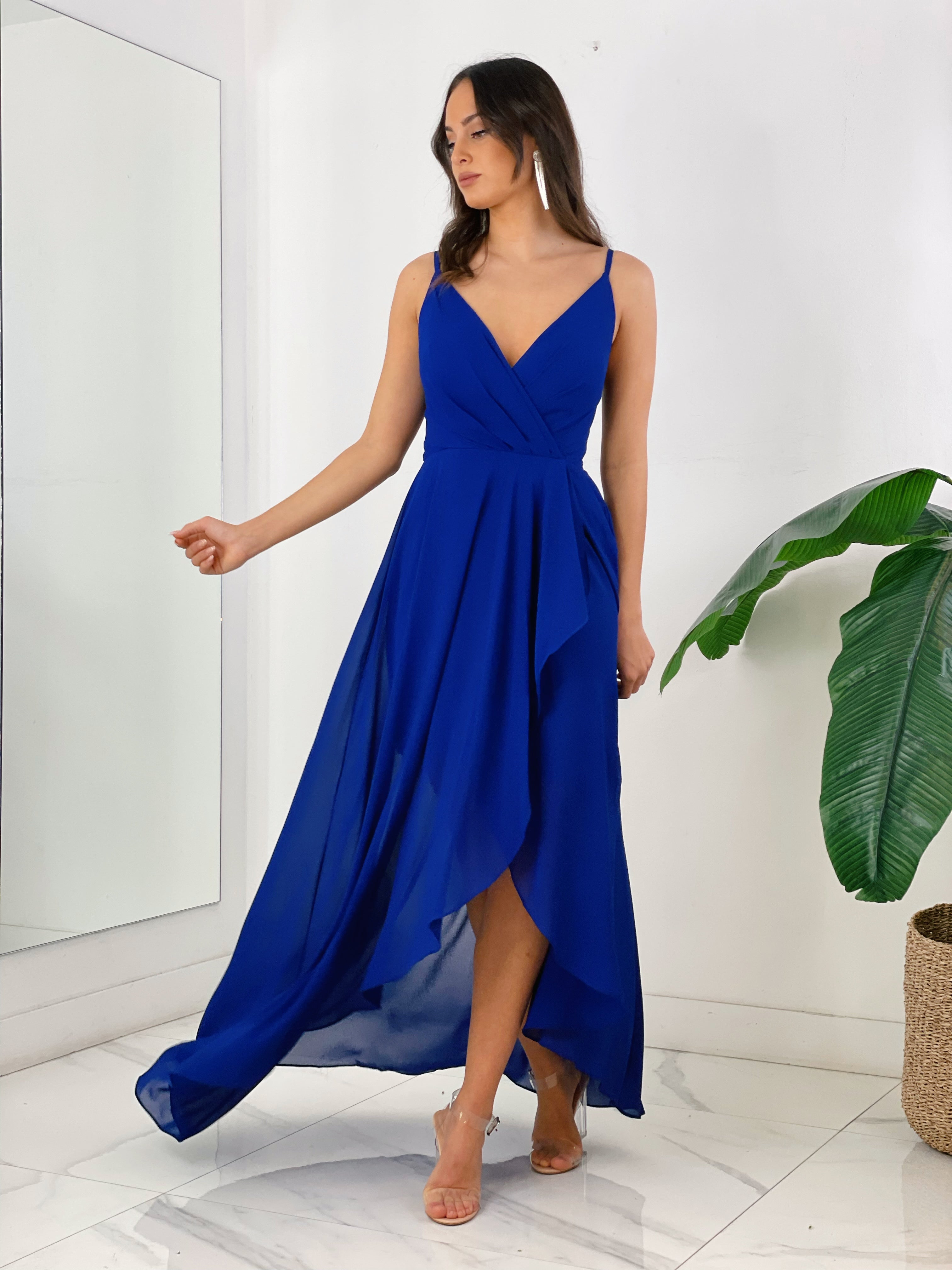 Vestido de ceremonia de escote cruzado y espalda cruzada color azul klein | Zebra&Maduixa