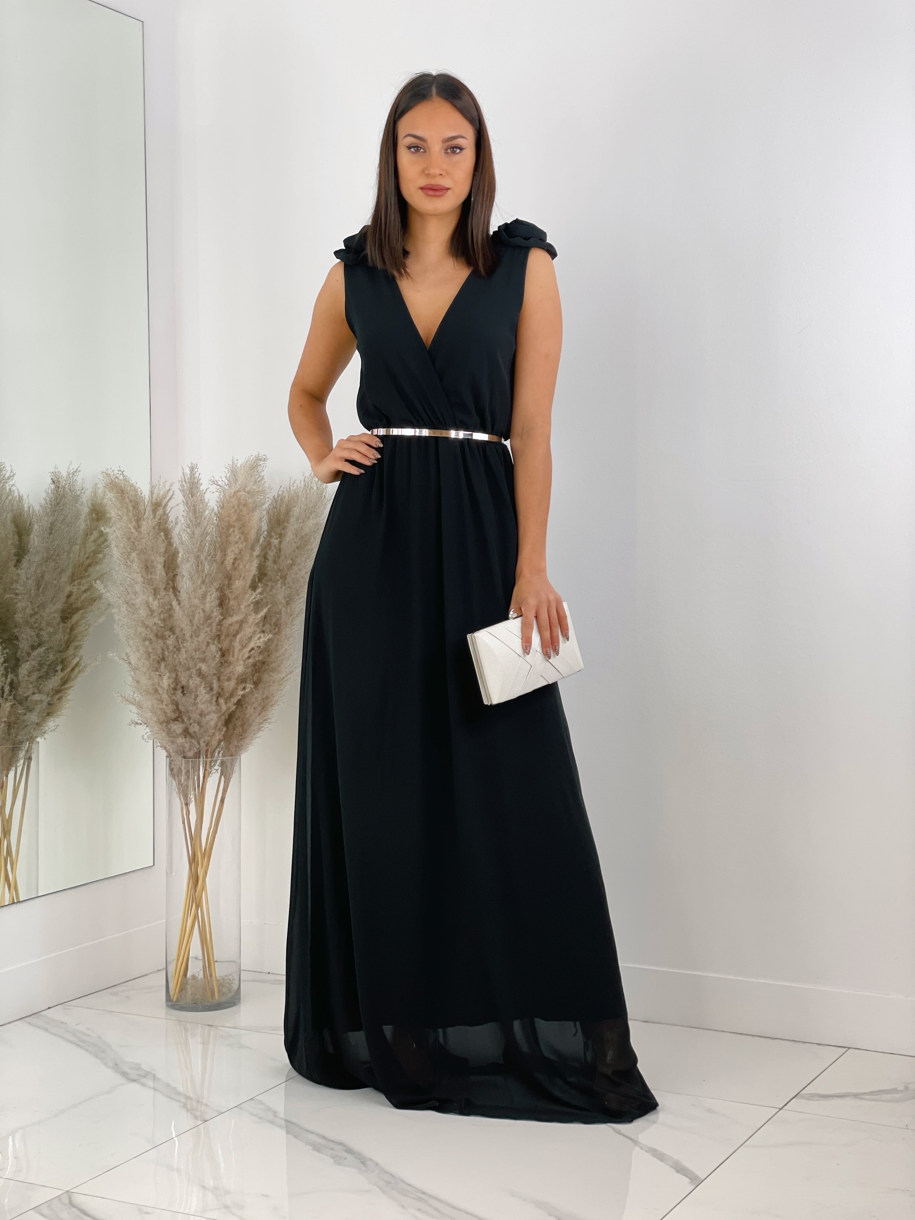 Vestido ceremonia con flores en los hombros color negre | Zebra&Maduixa