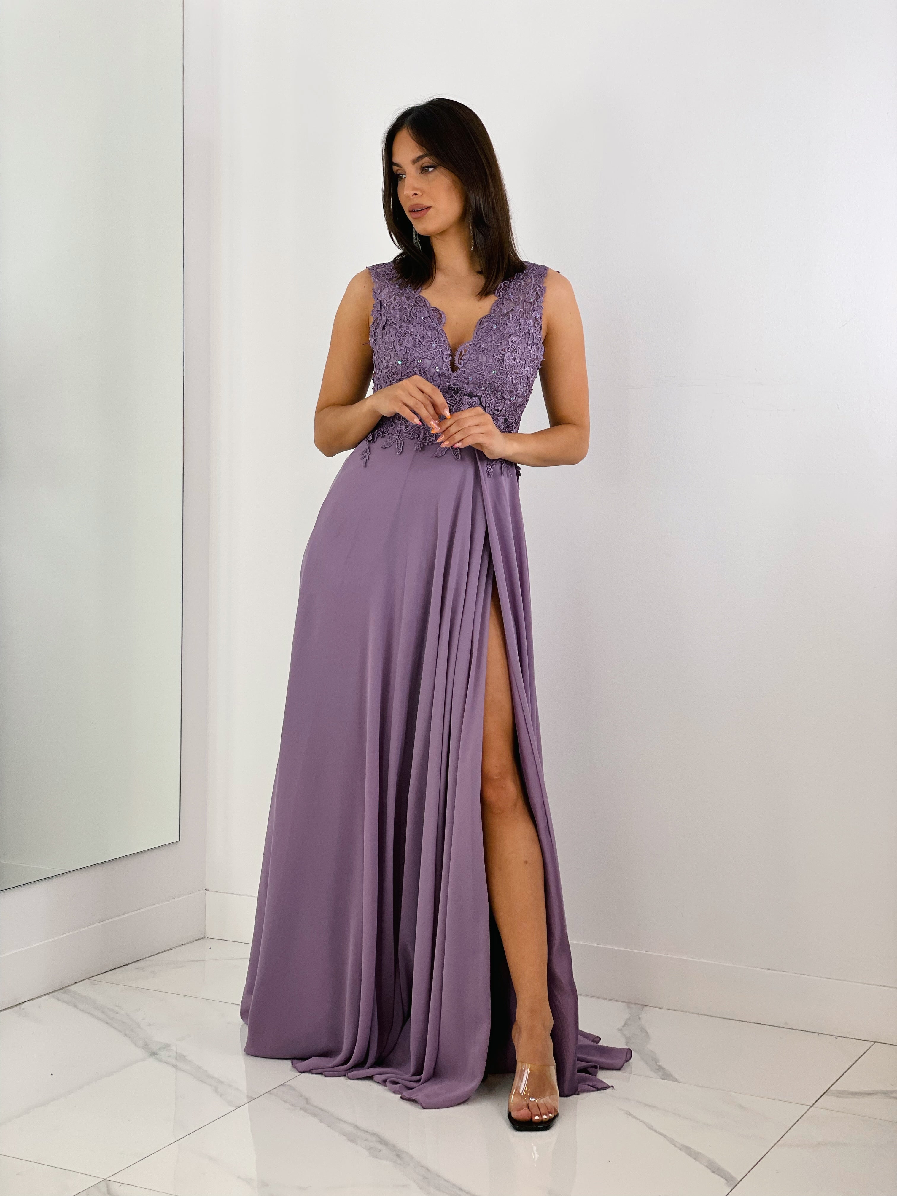 Vestido de ceremonia color malva con bordados | Zebra&Maduixa