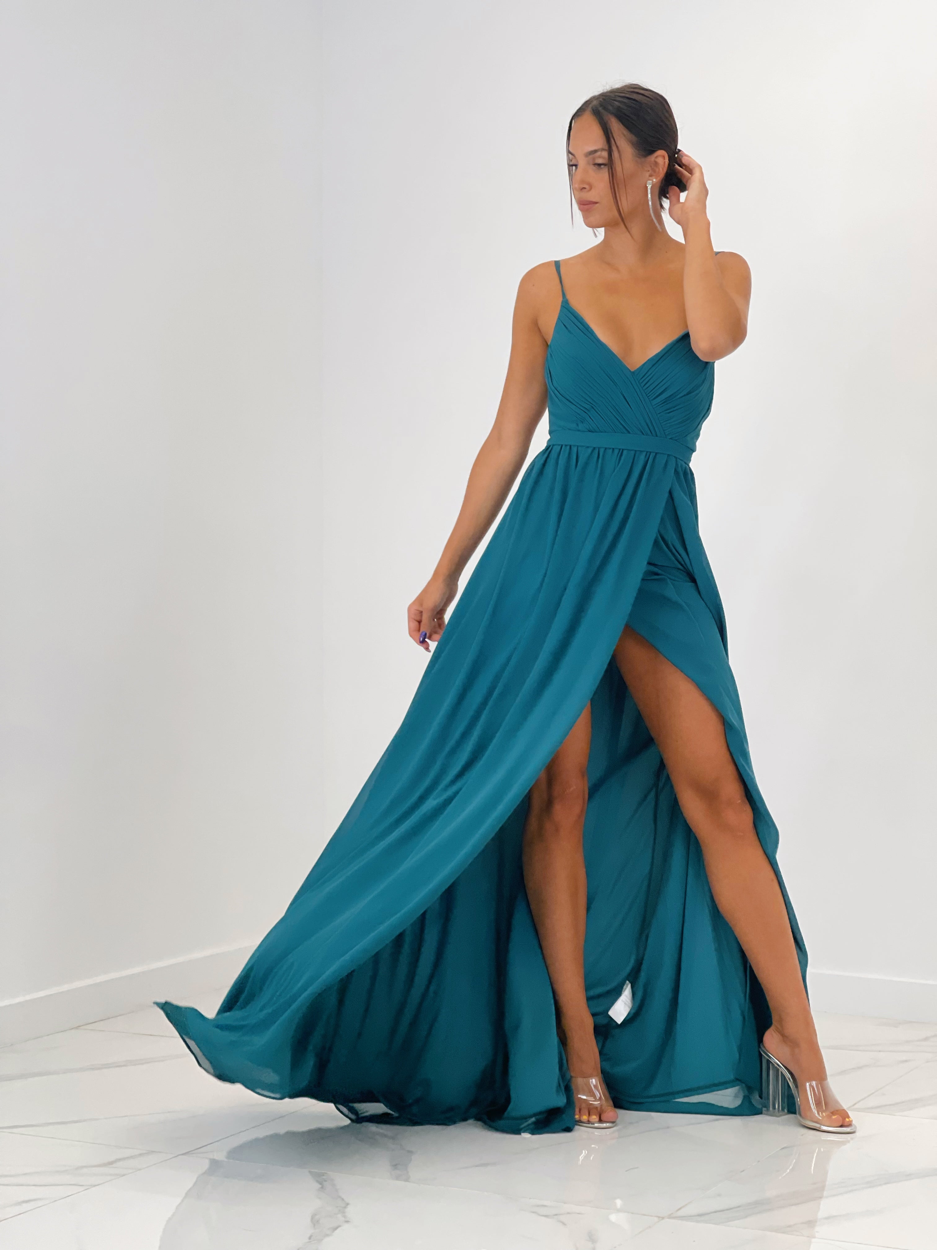 Vestido de ceremonia con escote cruzado y espalda cruzada petroleo | Zebra&Maduixa