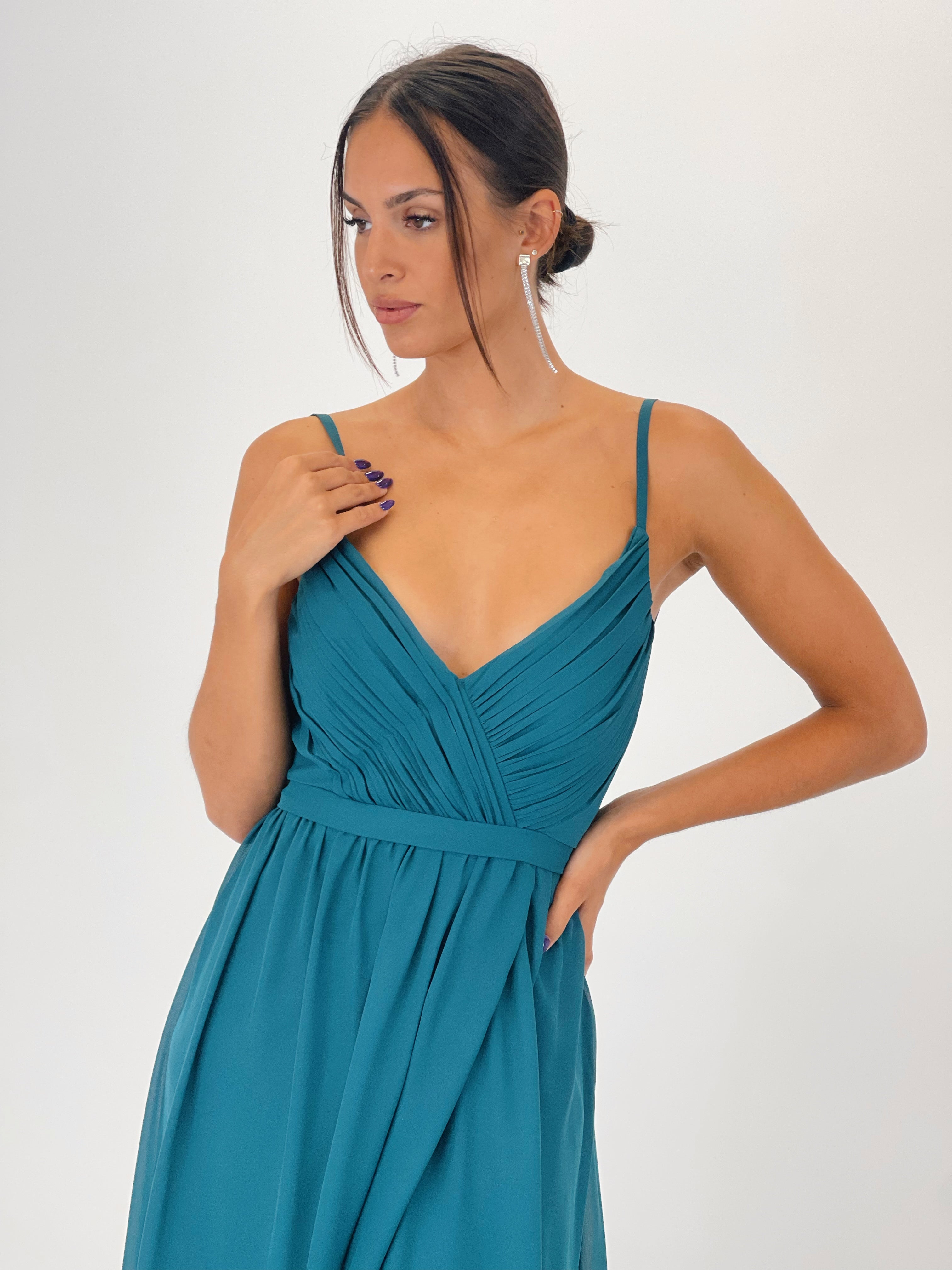 Vestido de ceremonia con escote cruzado y espalda cruzada petroleo | Zebra&Maduixa