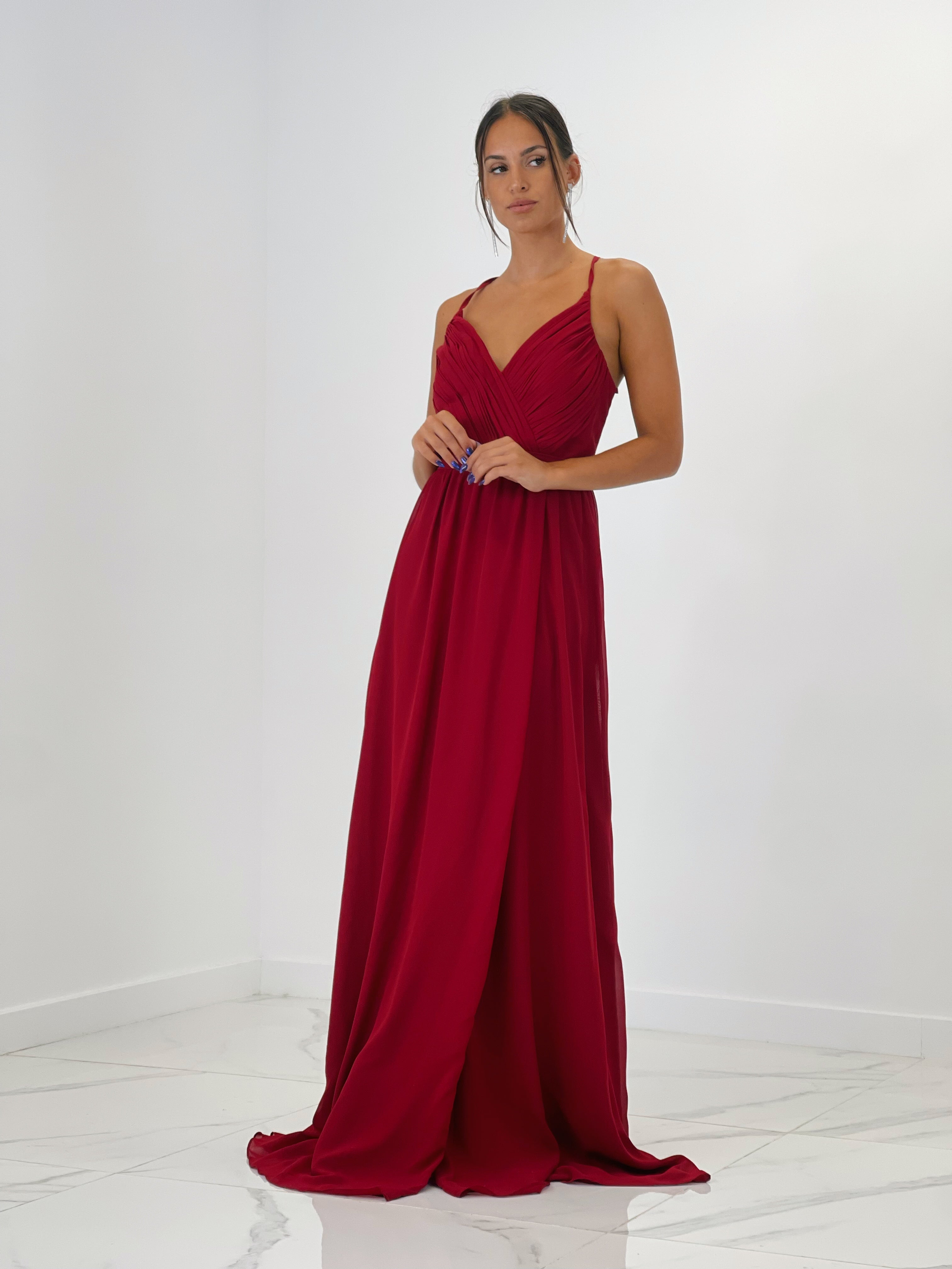 Vestido de ceremonia con escote cruzado y espalda cruzada granate | Zebra&Maduixa