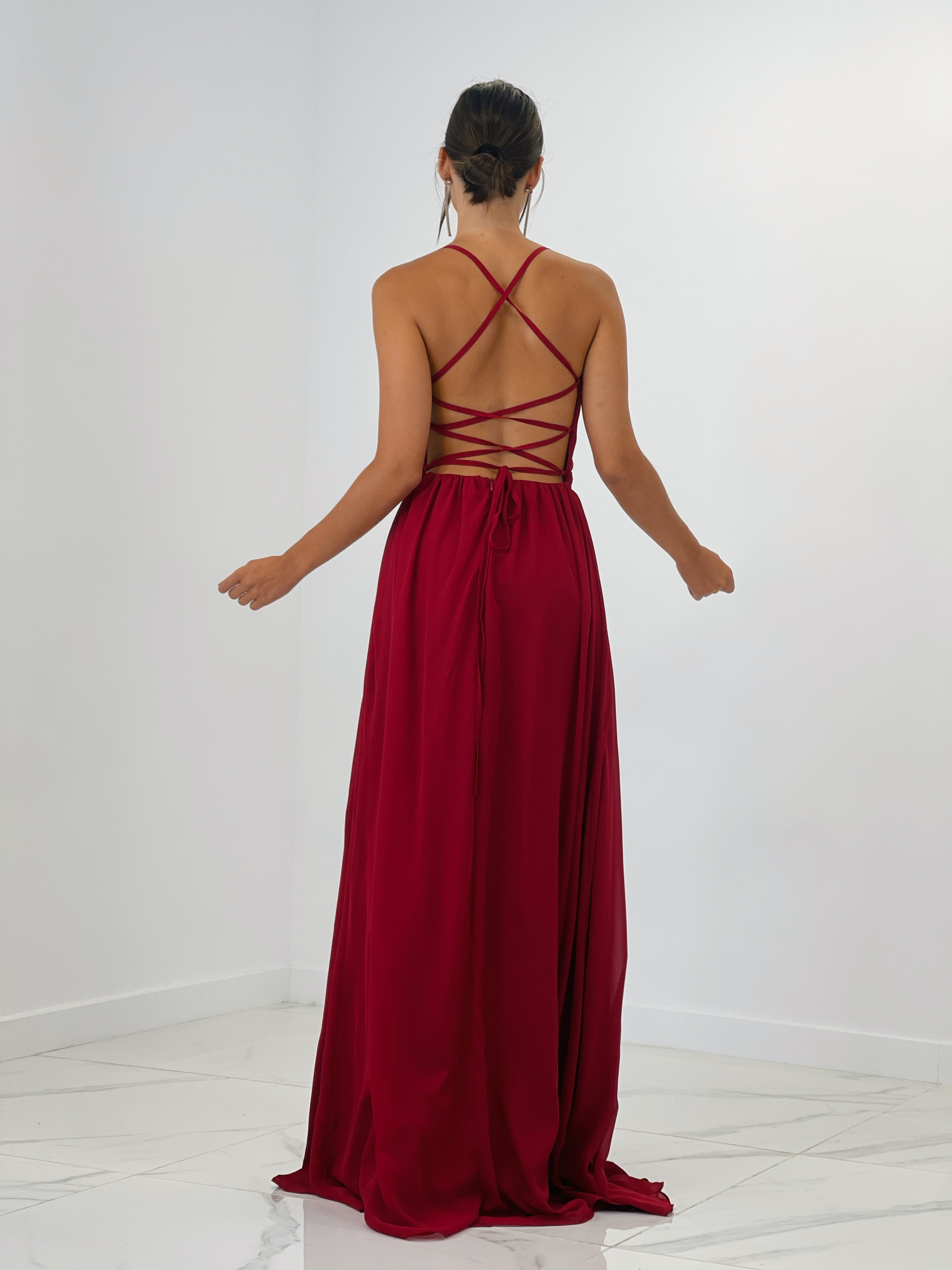 Vestido de ceremonia con escote cruzado y espalda cruzada granate | Zebra&Maduixa