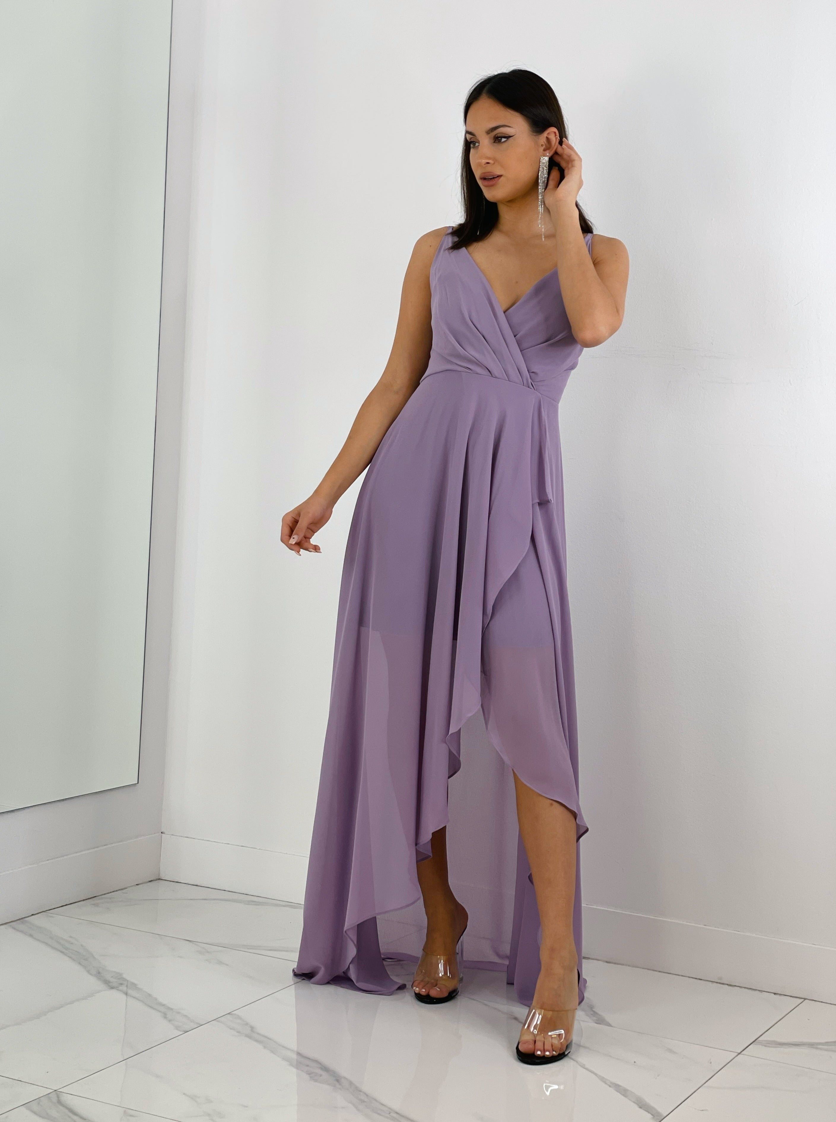 Vestido ceremonia con escote cruzado y fruncido en la parte trasera color malva | Zebra&Maduixa